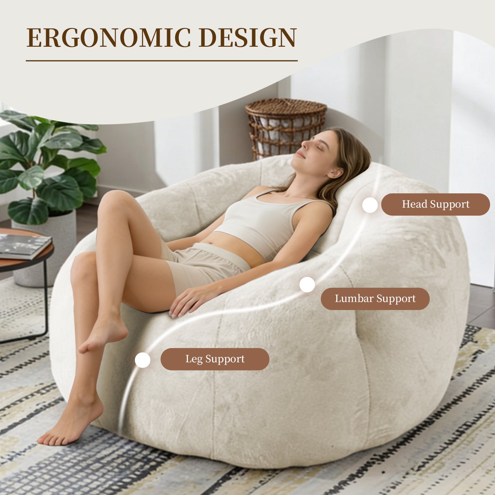 Large Round Bean Bag Lounge Chair, Enhanced Stability for Versatile Relaxation