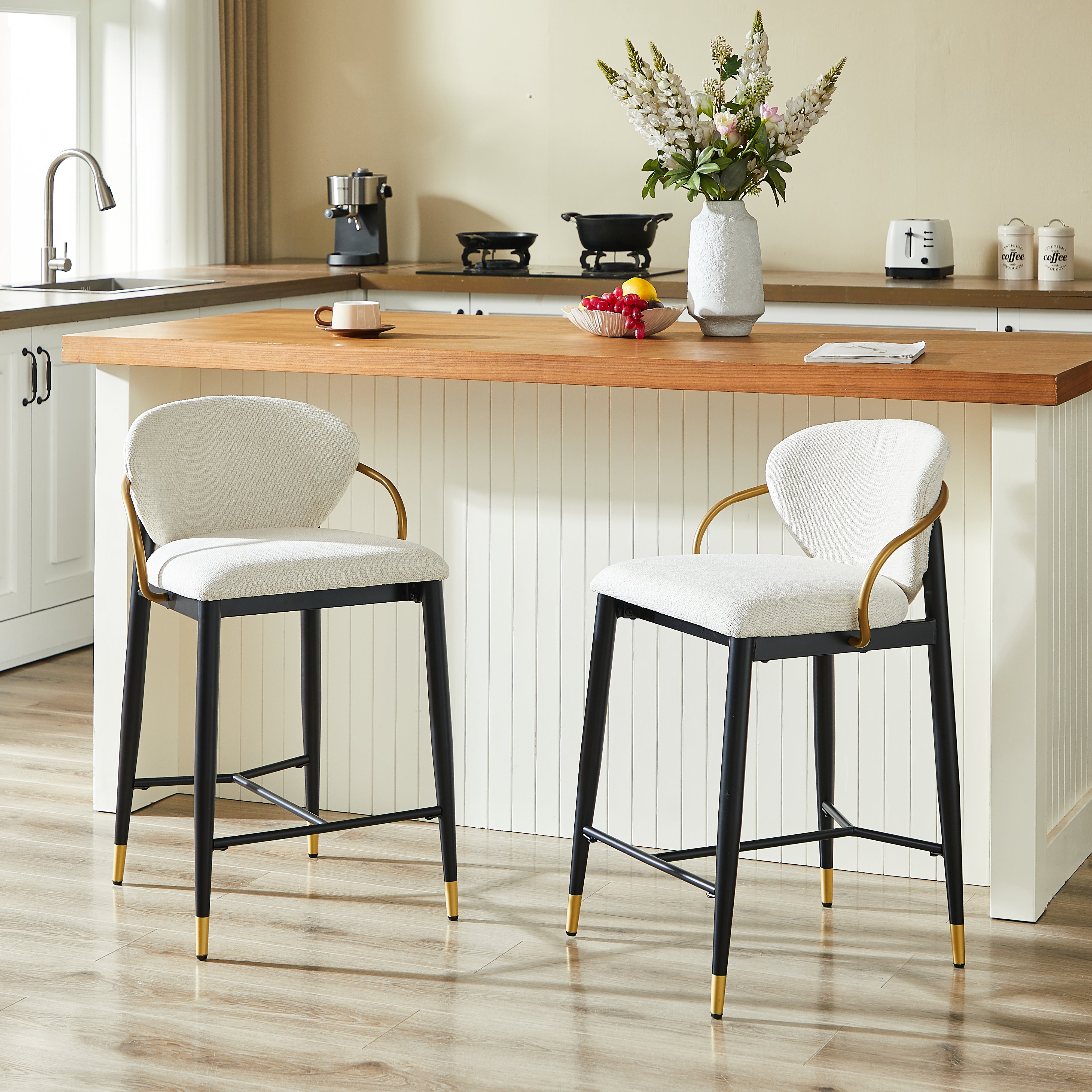Height-adjustable Bar Stool Set of 2 with Backrest and Footrest, Beige Chenille