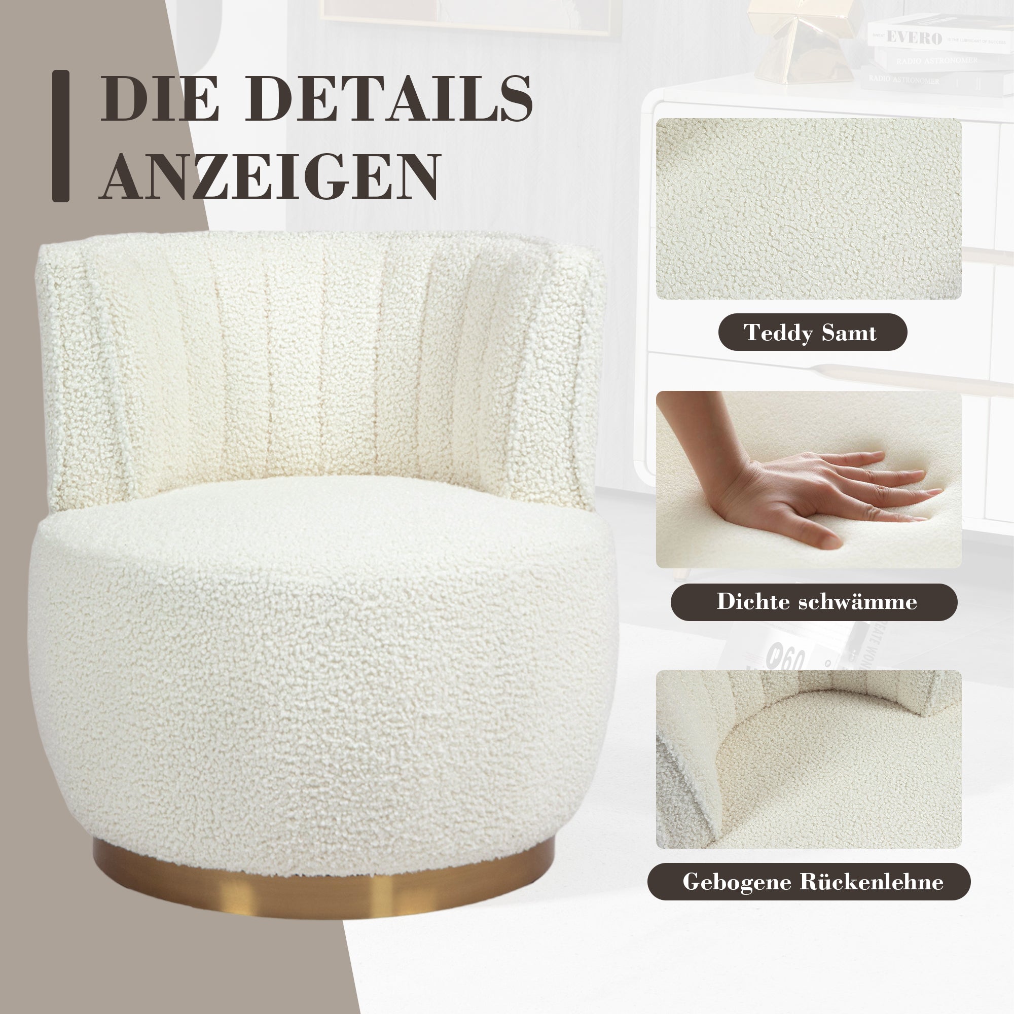 Modern Swivel Chair 360-Degree Comfortable Backrest Teddy Velvet White