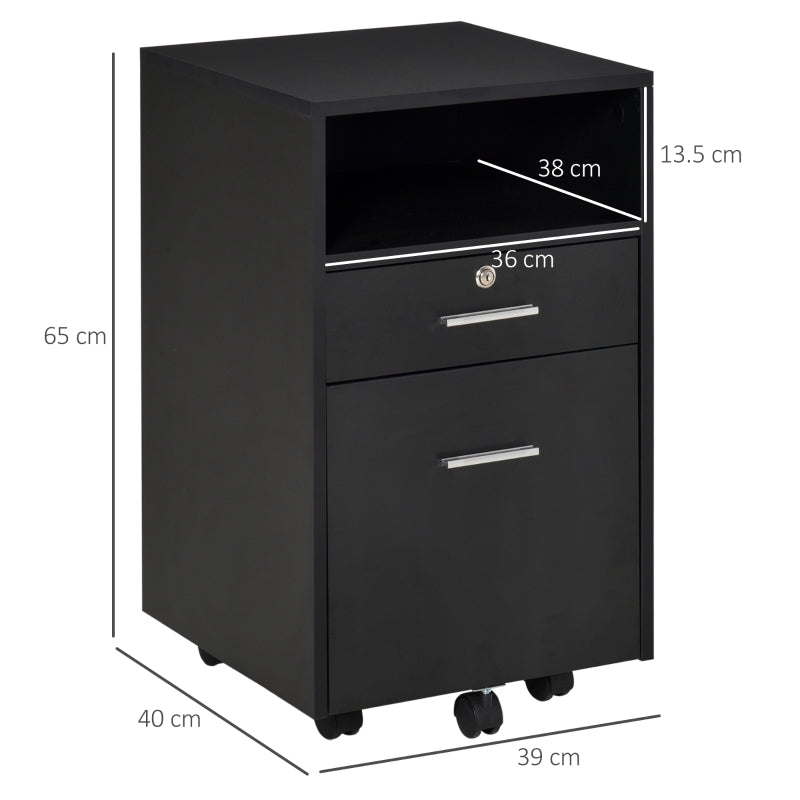 Lockable Two-Drawer Filing Cabinet with Wheels, Black Engineered Wood