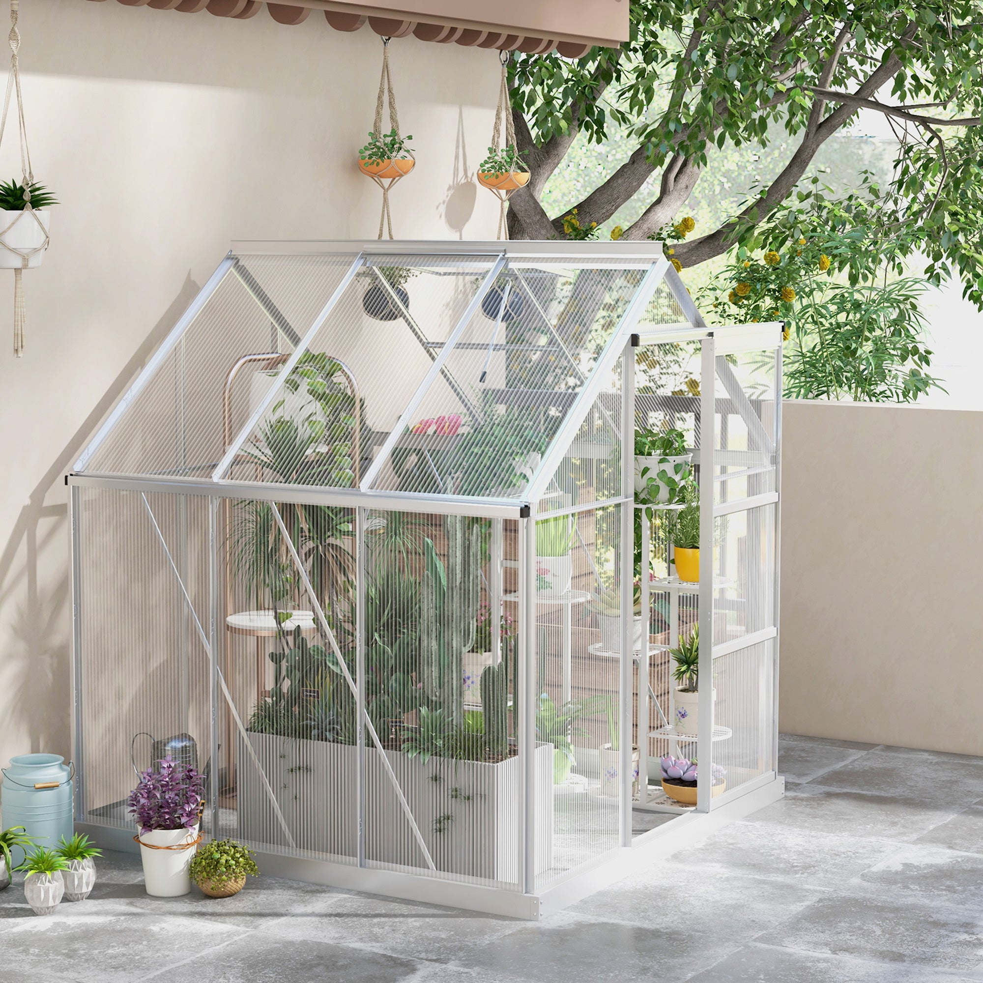 Walk-In Greenhouse 6x6ft with Sliding Door, Window, Foundation, Polycarbonate Aluminium, Silver