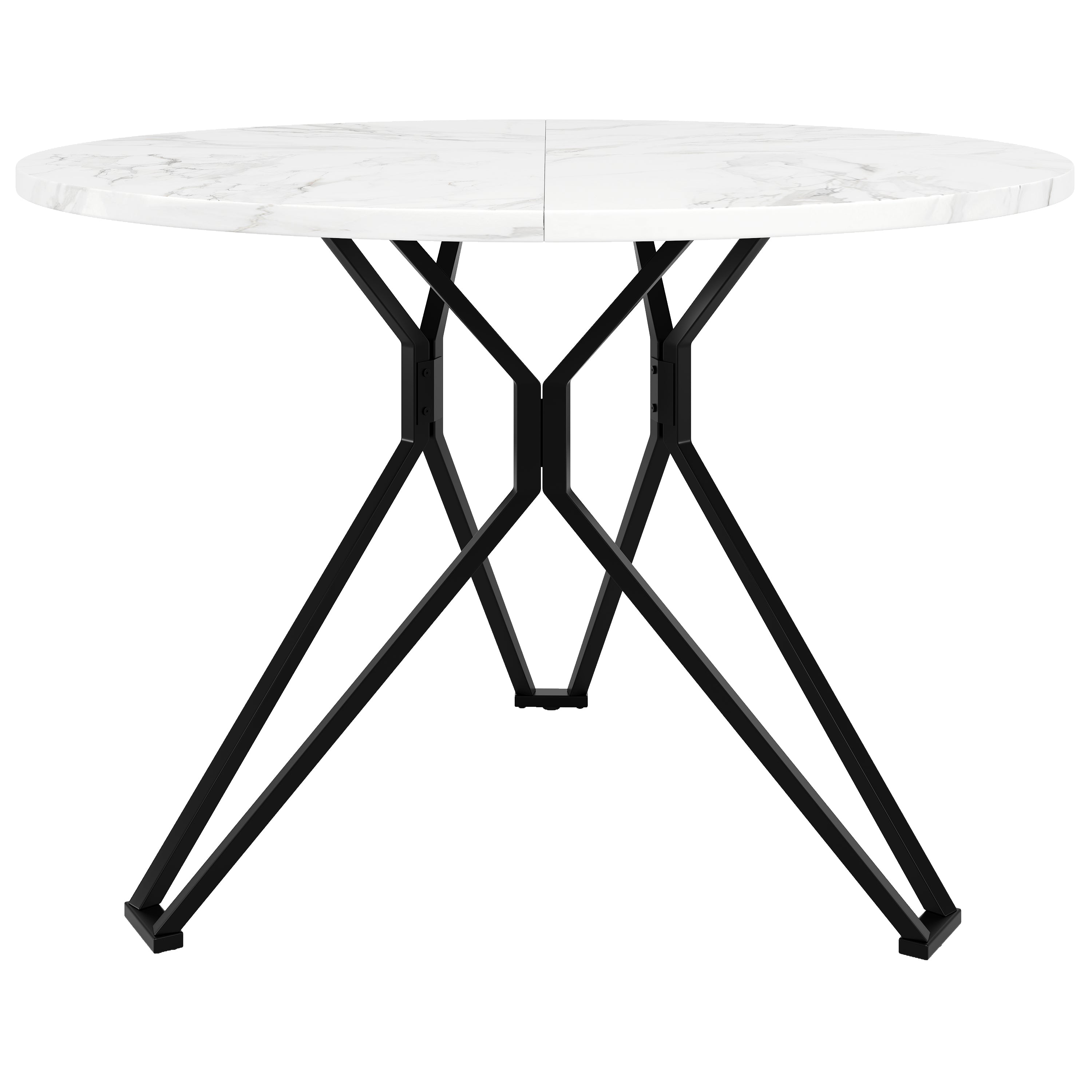 Dining Table Set 5-Piece 100cm Round MDF Marble Top Black Metal Legs Grey Linen