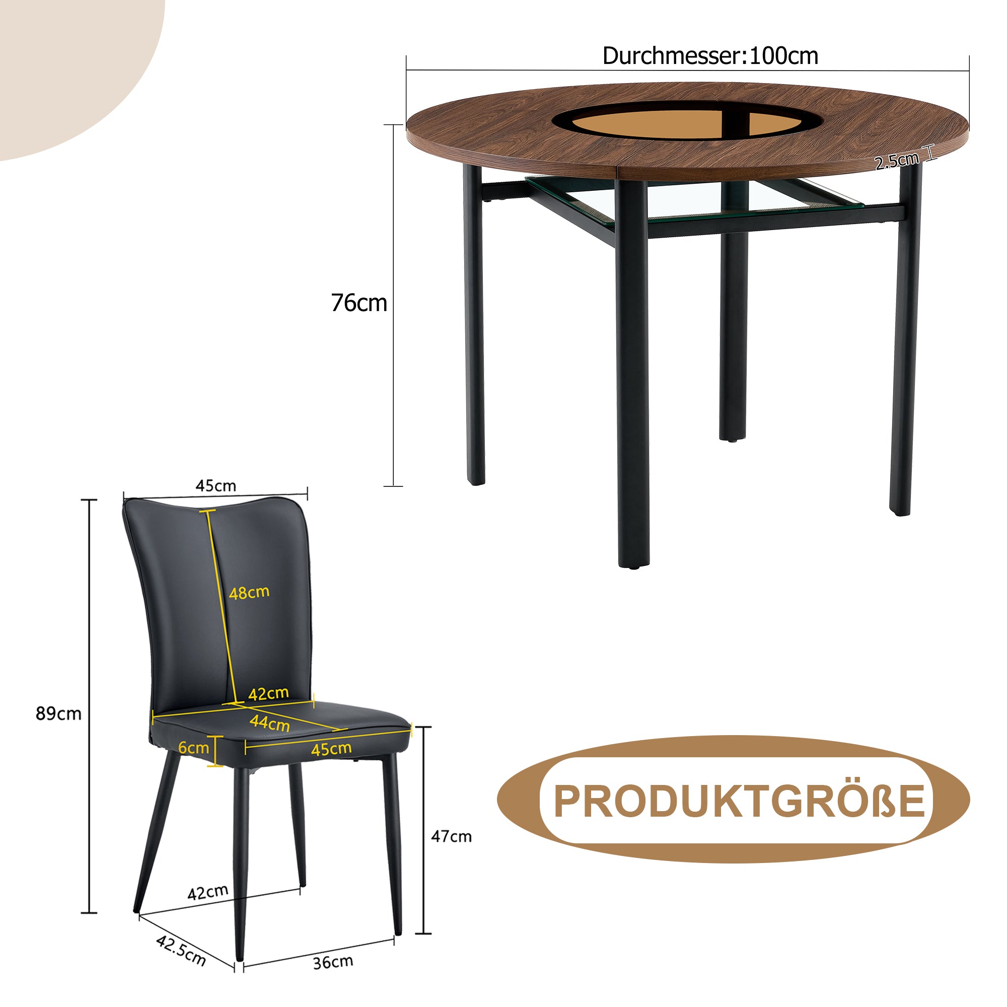 Dining Table Set, Round 100cm Wood Look with 4 Chairs, Black PU