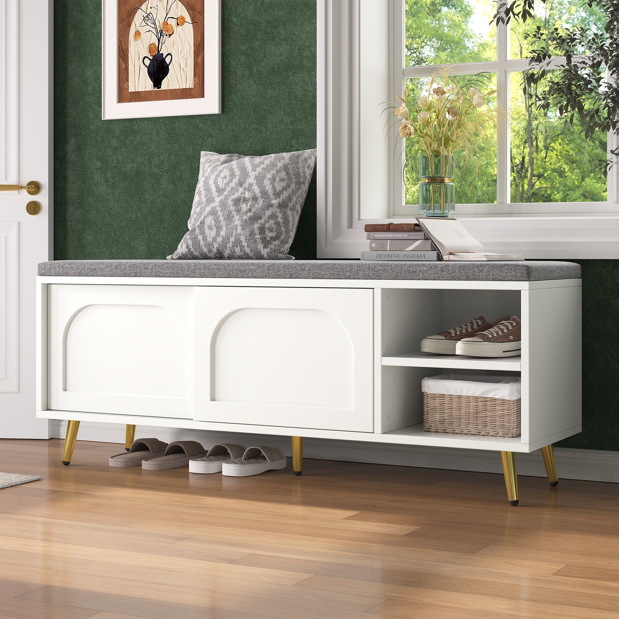 Shoe Bench Storage with Seat Cushion - White