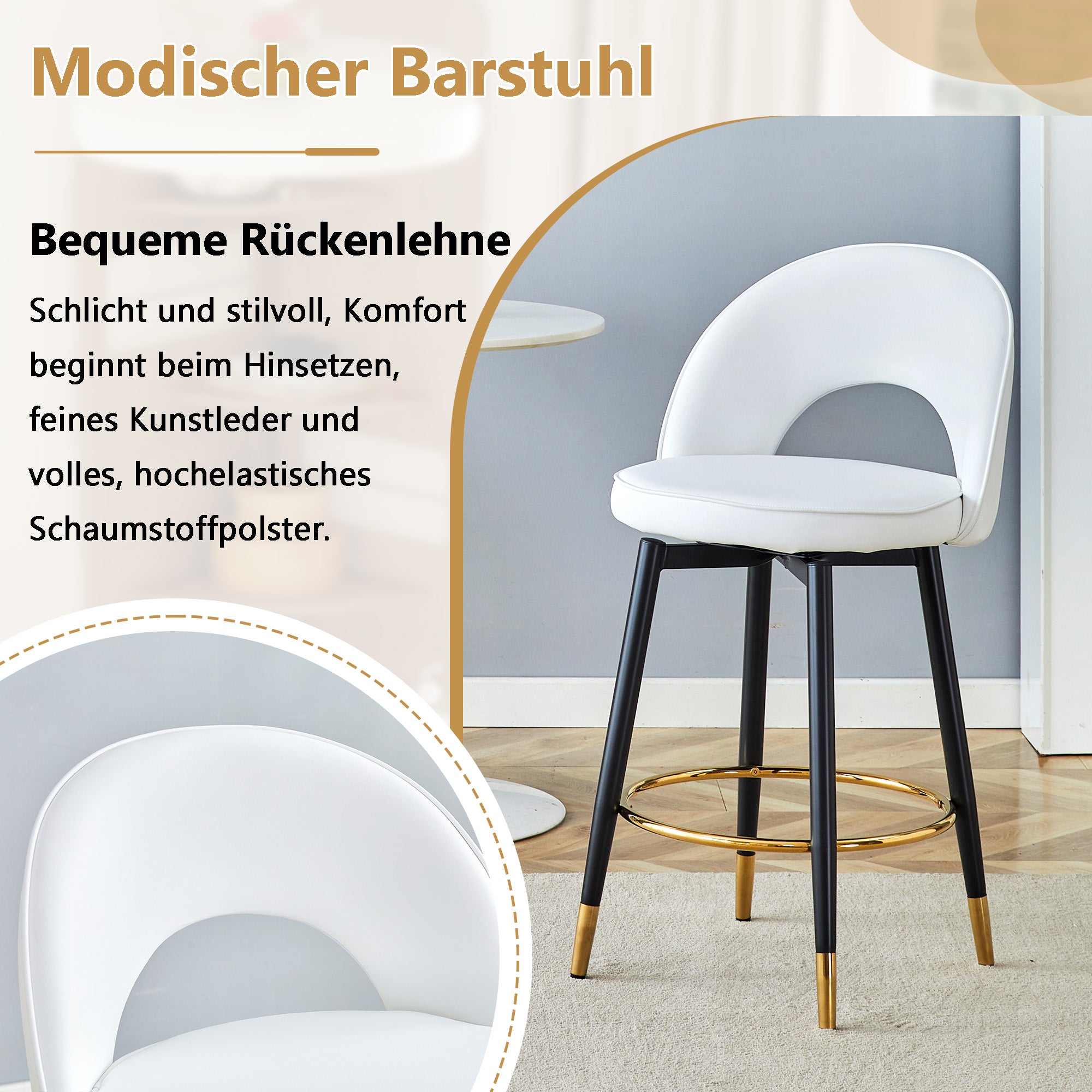 360° Rotating Bar Stool, Modern Upholstered, White PU