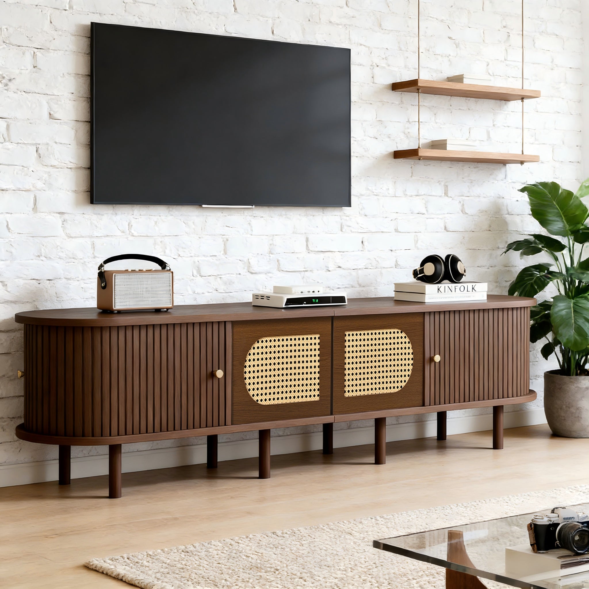 Oval TV Stand 180cm Rattan Design with 2 Sliding Doors Dark Walnut