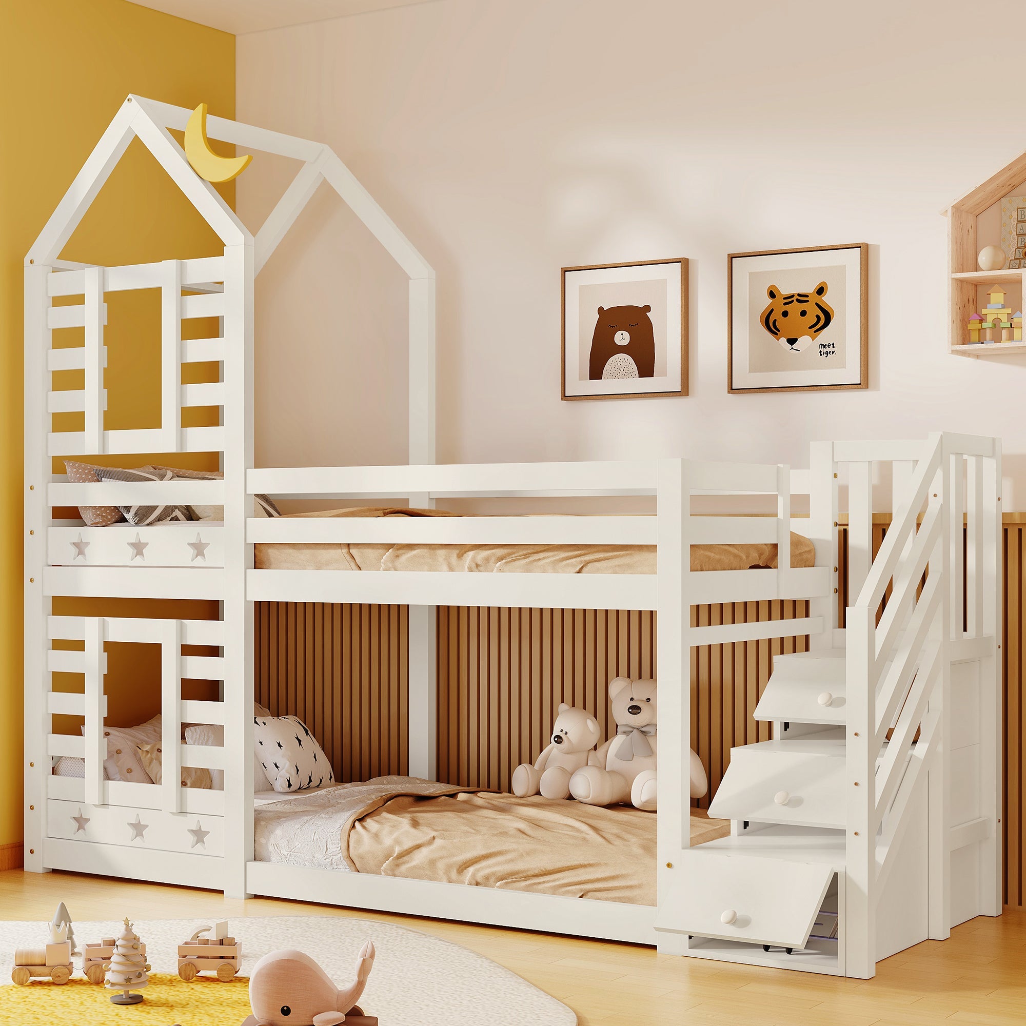 Bunk Bed, Children Cabin Single Bed with Window, 190x90cm Solid Pine Wood, White