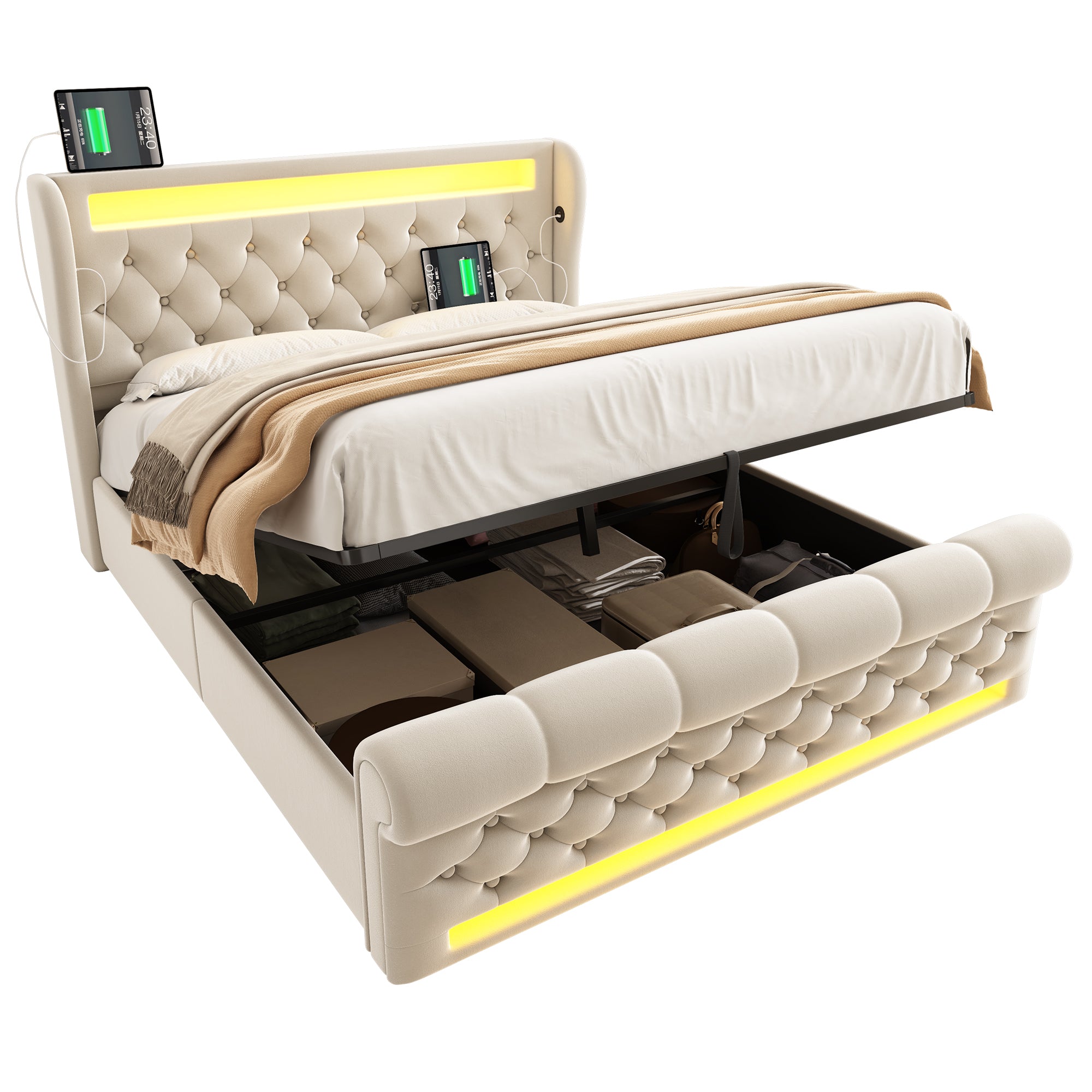 Upholstered Double Bed, 140x200cm LED with Storage Headboard USB/Type-C, Hydraulic Lift, Beige Velvet