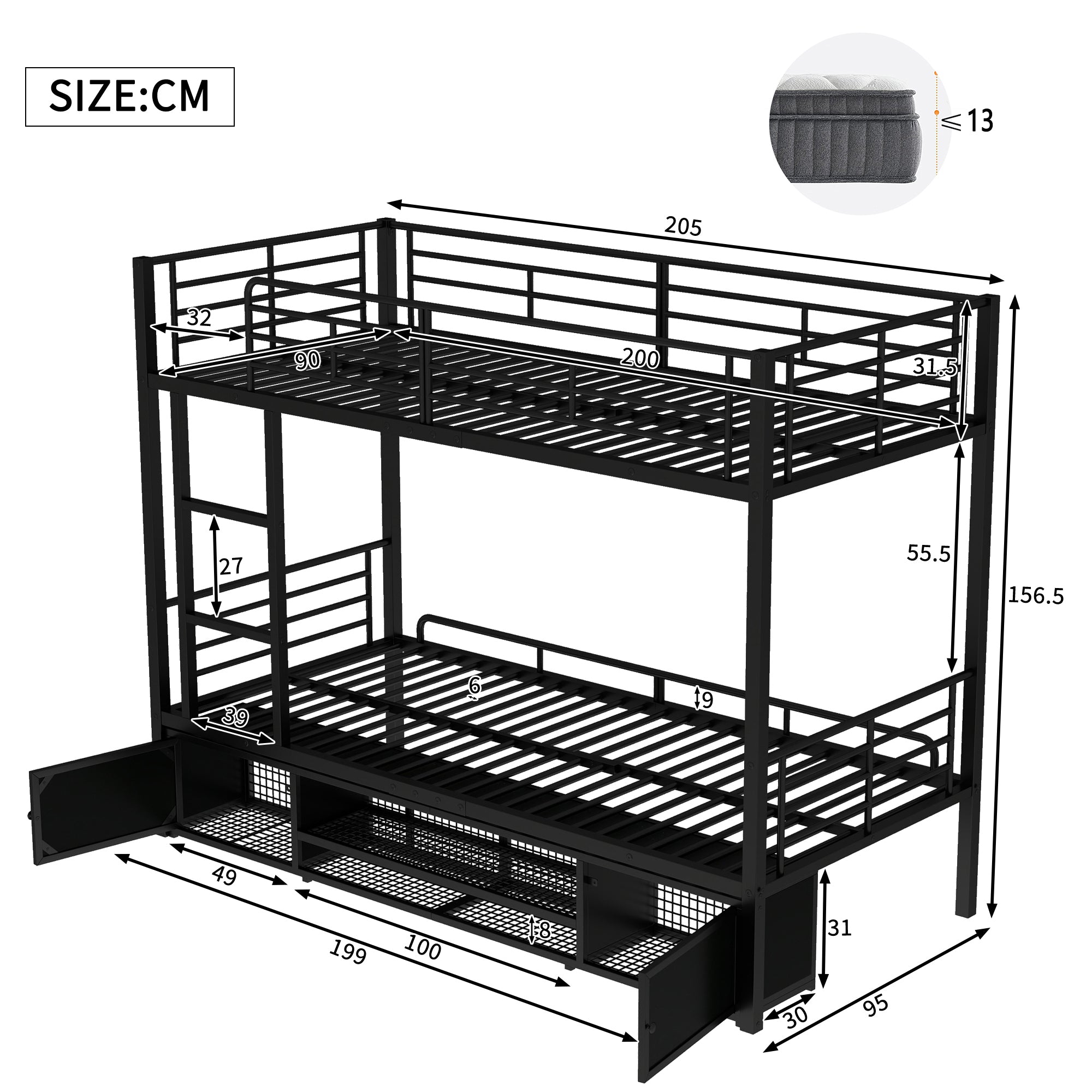 Iron Frame Bunk Bed with Storage, Ladder, and Safety Rail, 90x200cm, Black Iron