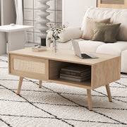 Wicker Coffee Table Sliding Doors Solid Wood Legs - Natural Color