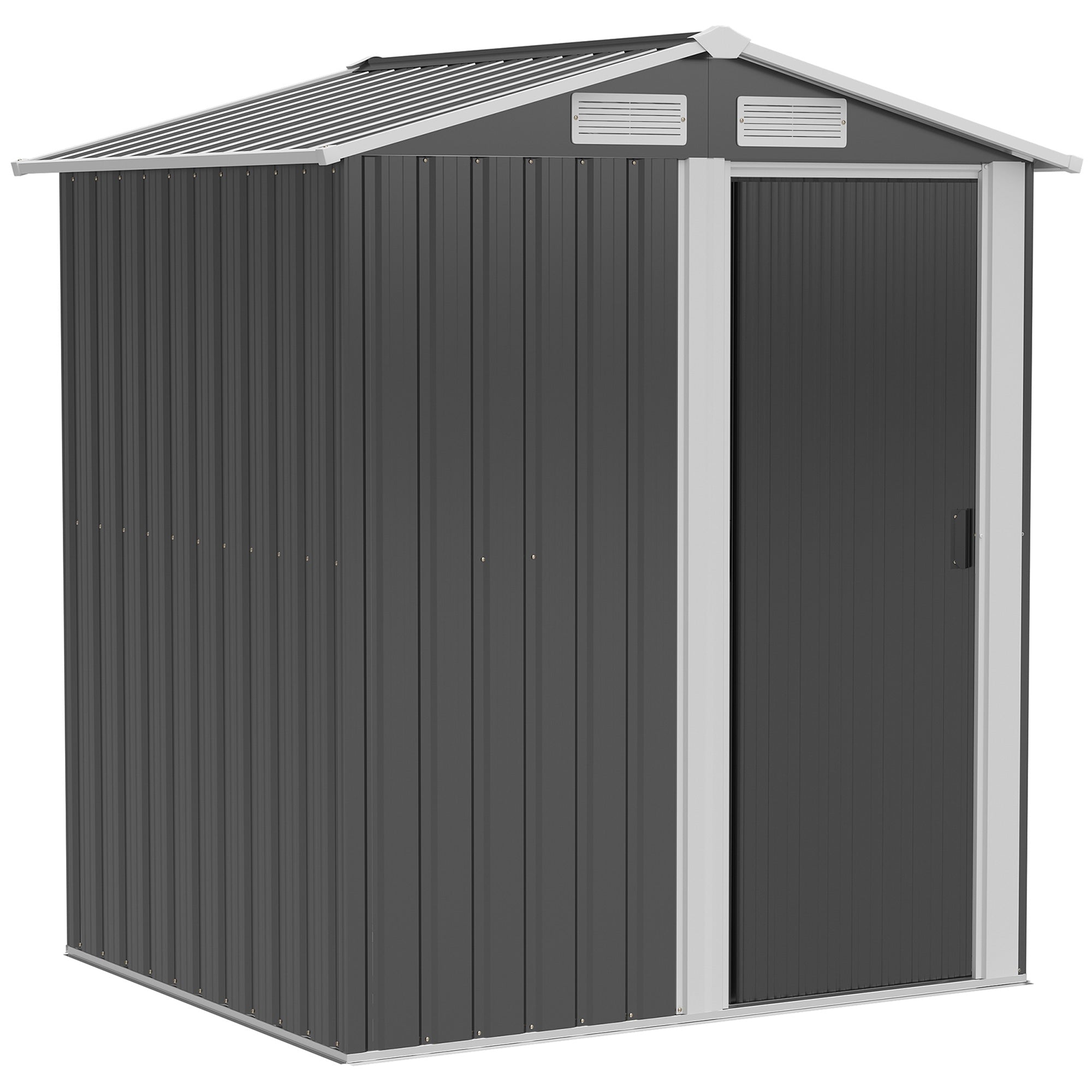 Garden Metal Tool Storage Shed with Sliding Door, Sloped Roof and Foundation Kit, Grey