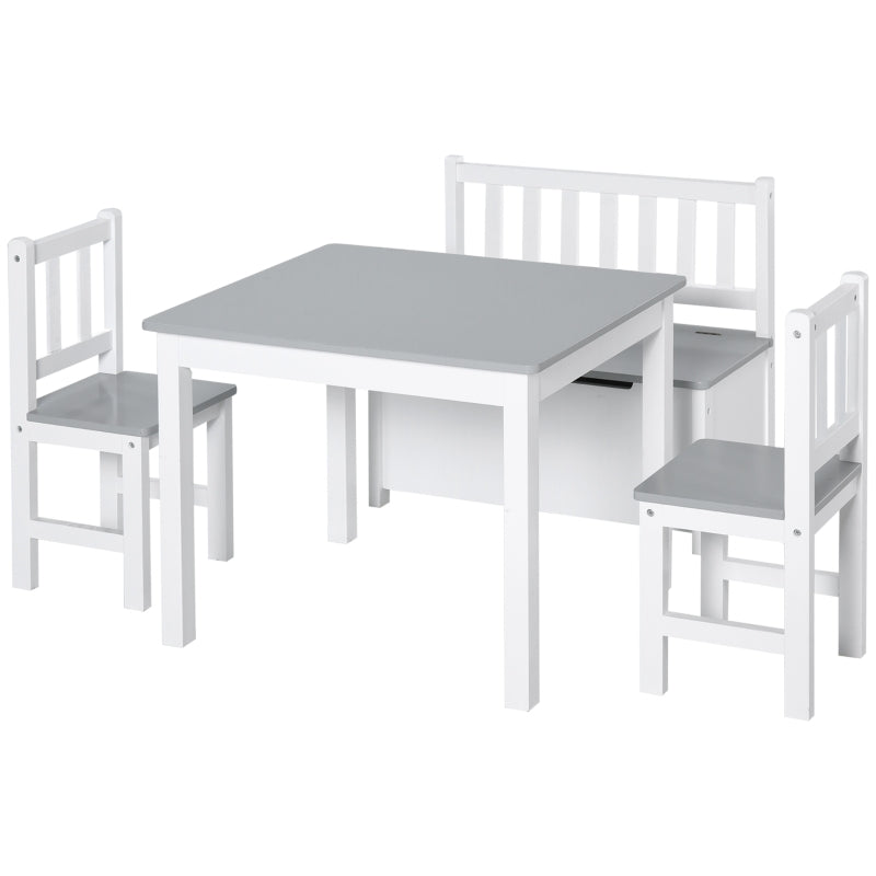 Kids Table and Chair Set, 4-Piece with 2 Wooden Chairs and 1 Storage Bench, Grey/White