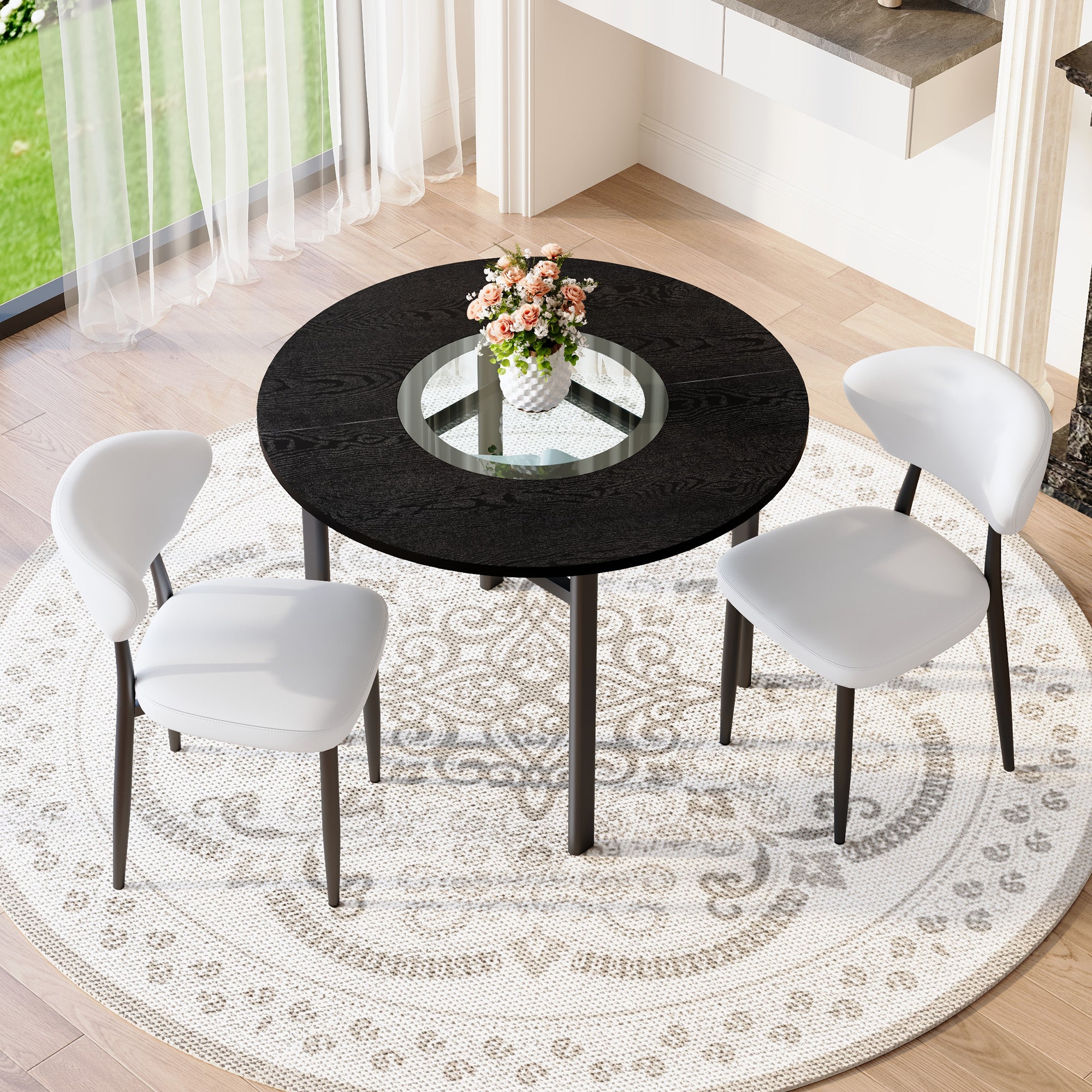 Modern Minimalist Round Table Set, 100cm Diameter with 2 Armchairs, Black Wood/White PU