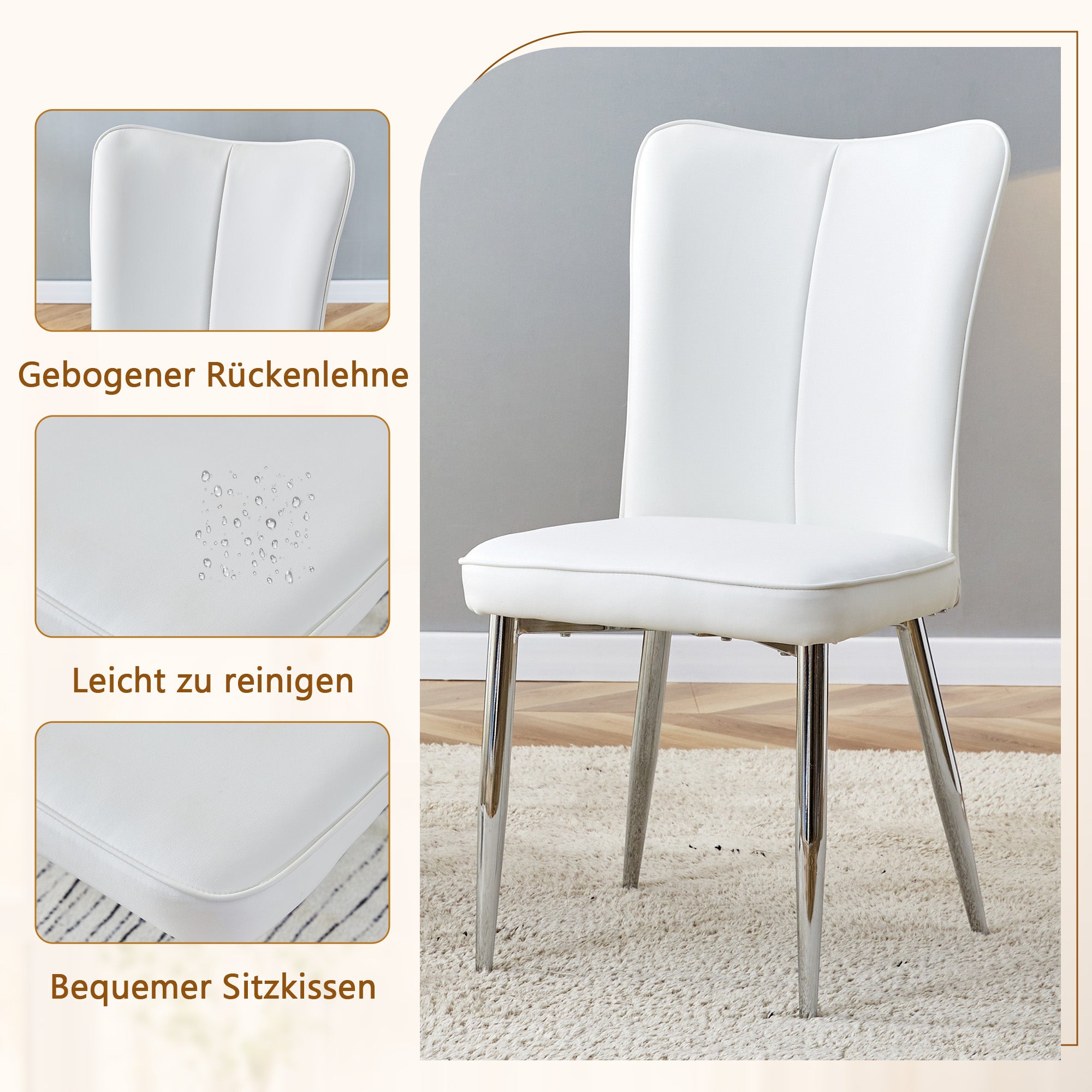 Dining Table Set, Minimalist 85cm Tempered Glass Table with 2 PU Chairs, White