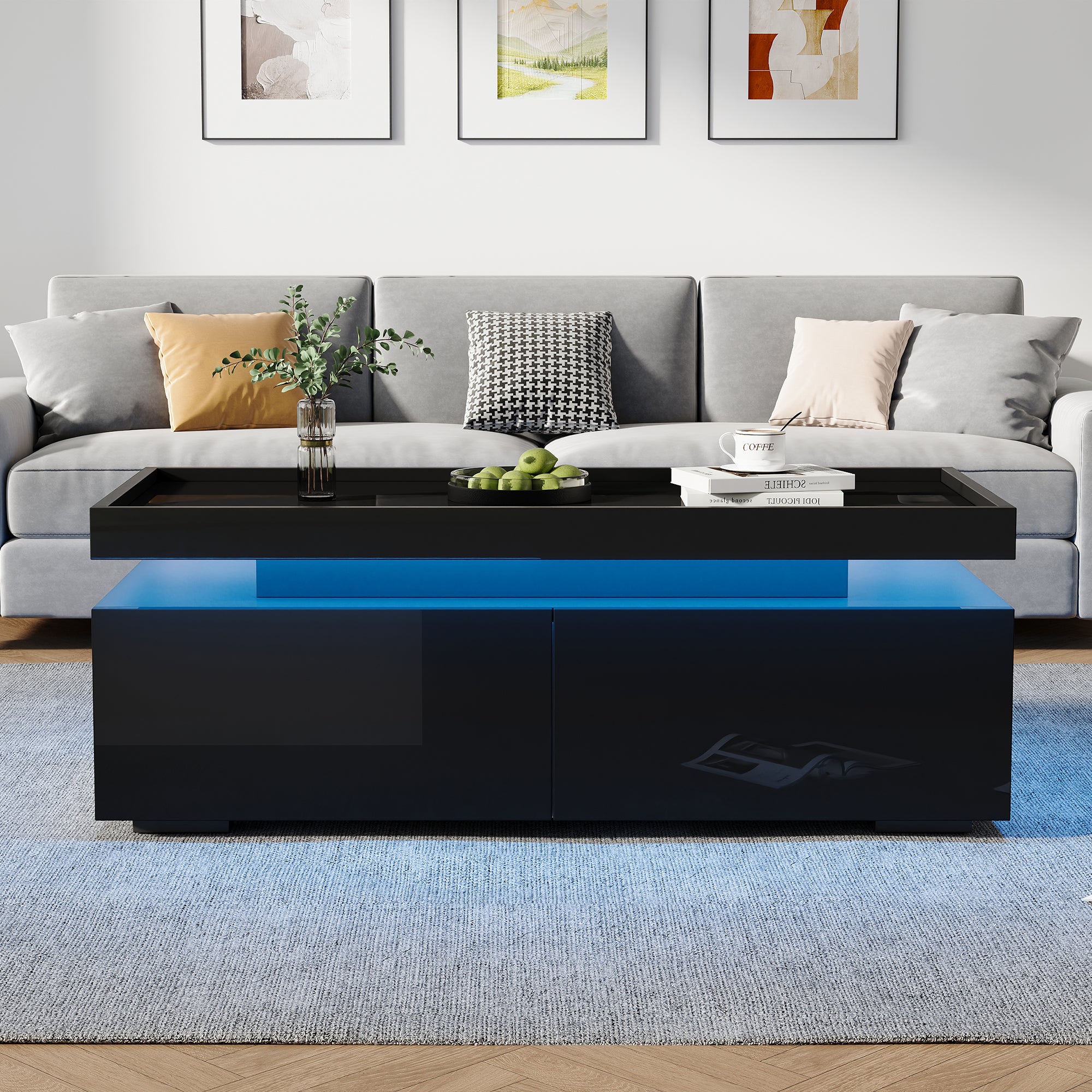 Coffee Table 95x45x35cm, LED, 2 Drawers, High-Gloss, Black