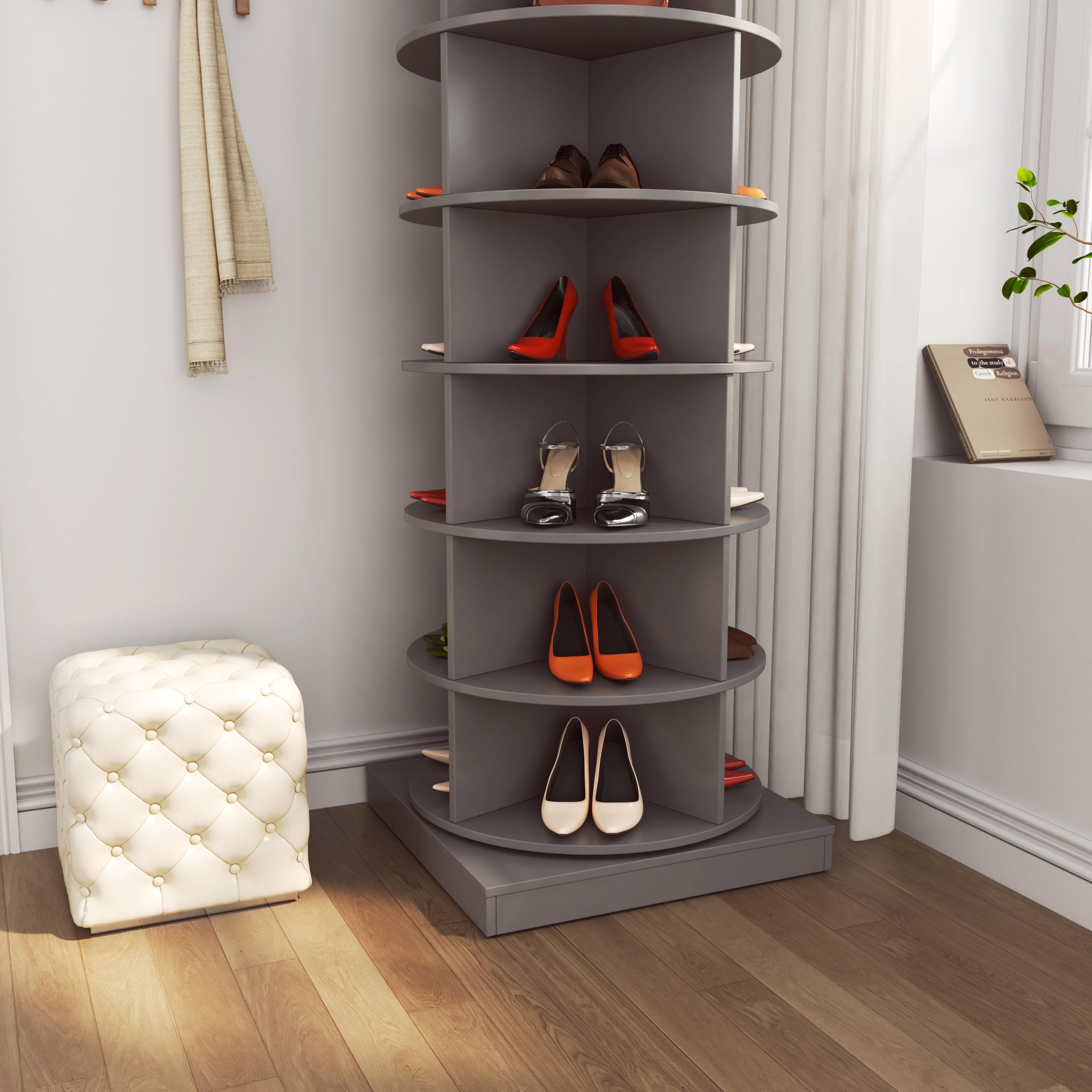 360° Rotating Shoe Cabinet, 7 Shelves, Holds 28 Pairs, Grey