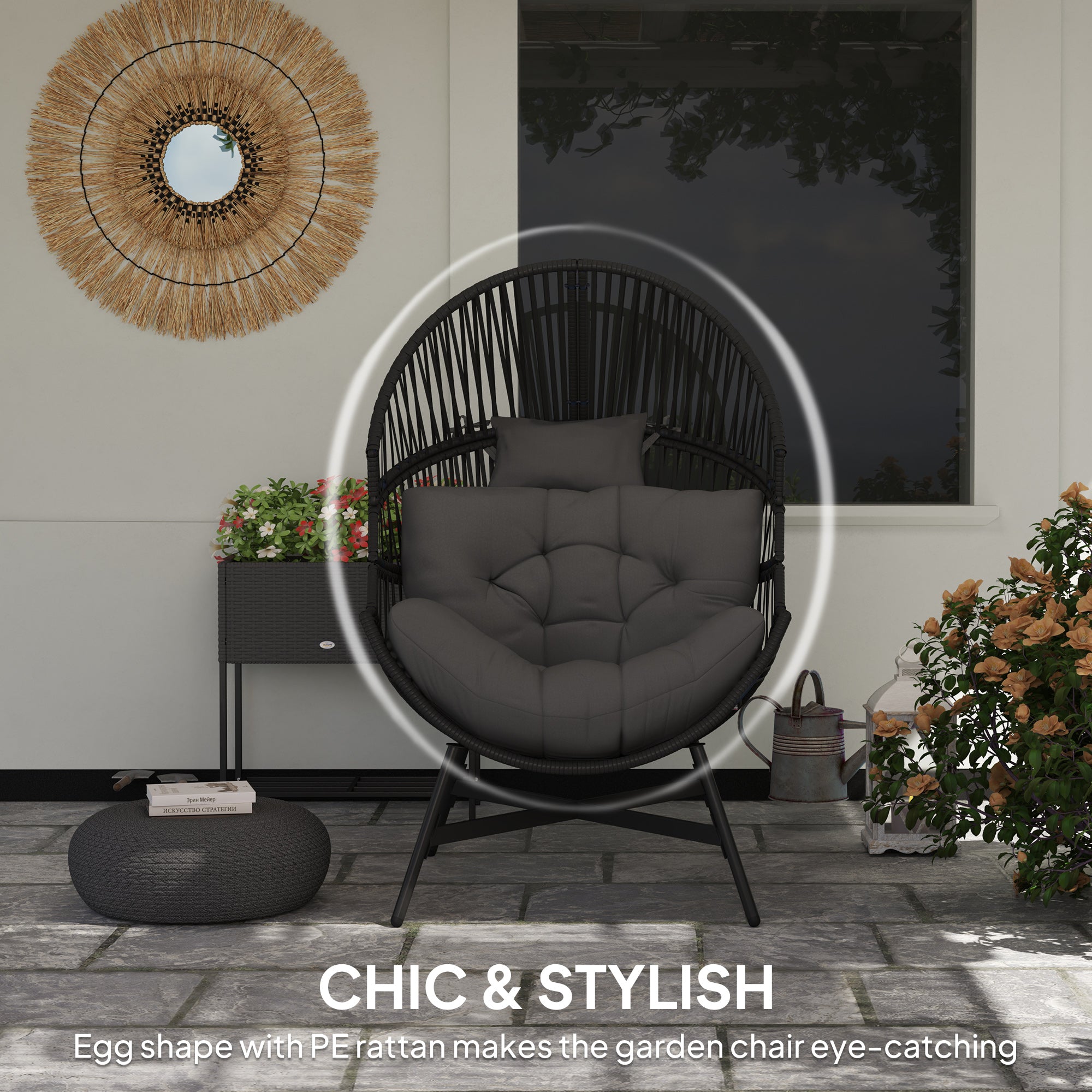 Rattan Egg Chair, Oversized Freestanding with Thick Tufted Cushion, Charcoal Grey