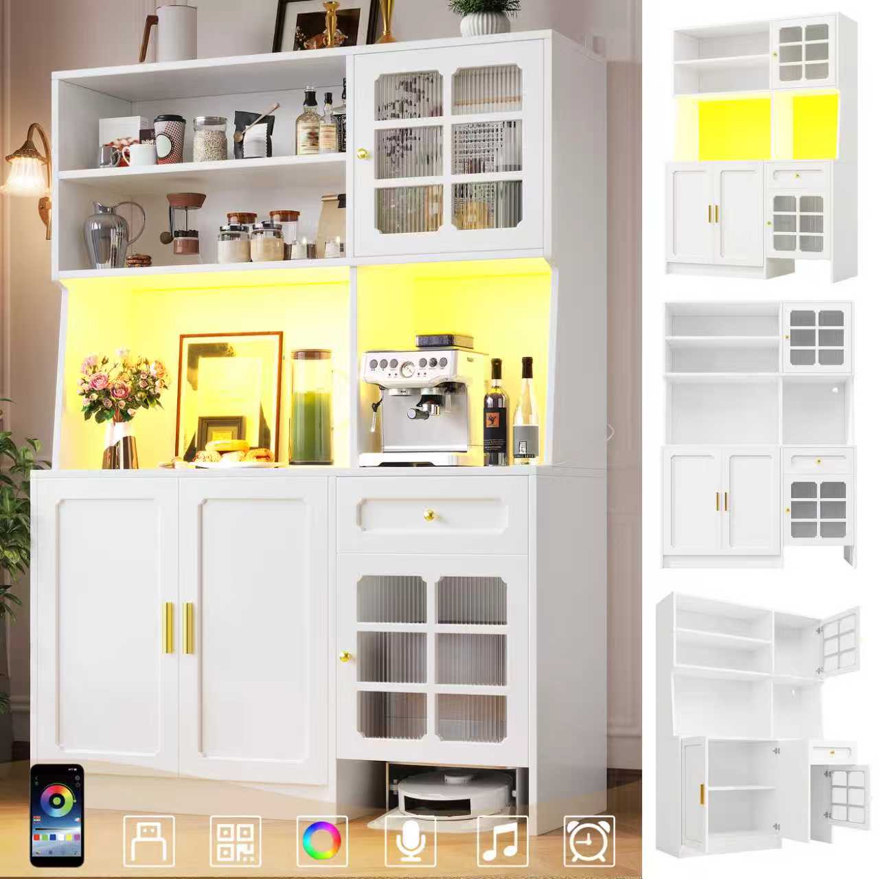 Tall Kitchen Cabinet with Glass Doors and LED Lighting, White