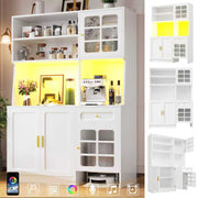 Tall Kitchen Cabinet with Glass Doors and LED Lighting, White