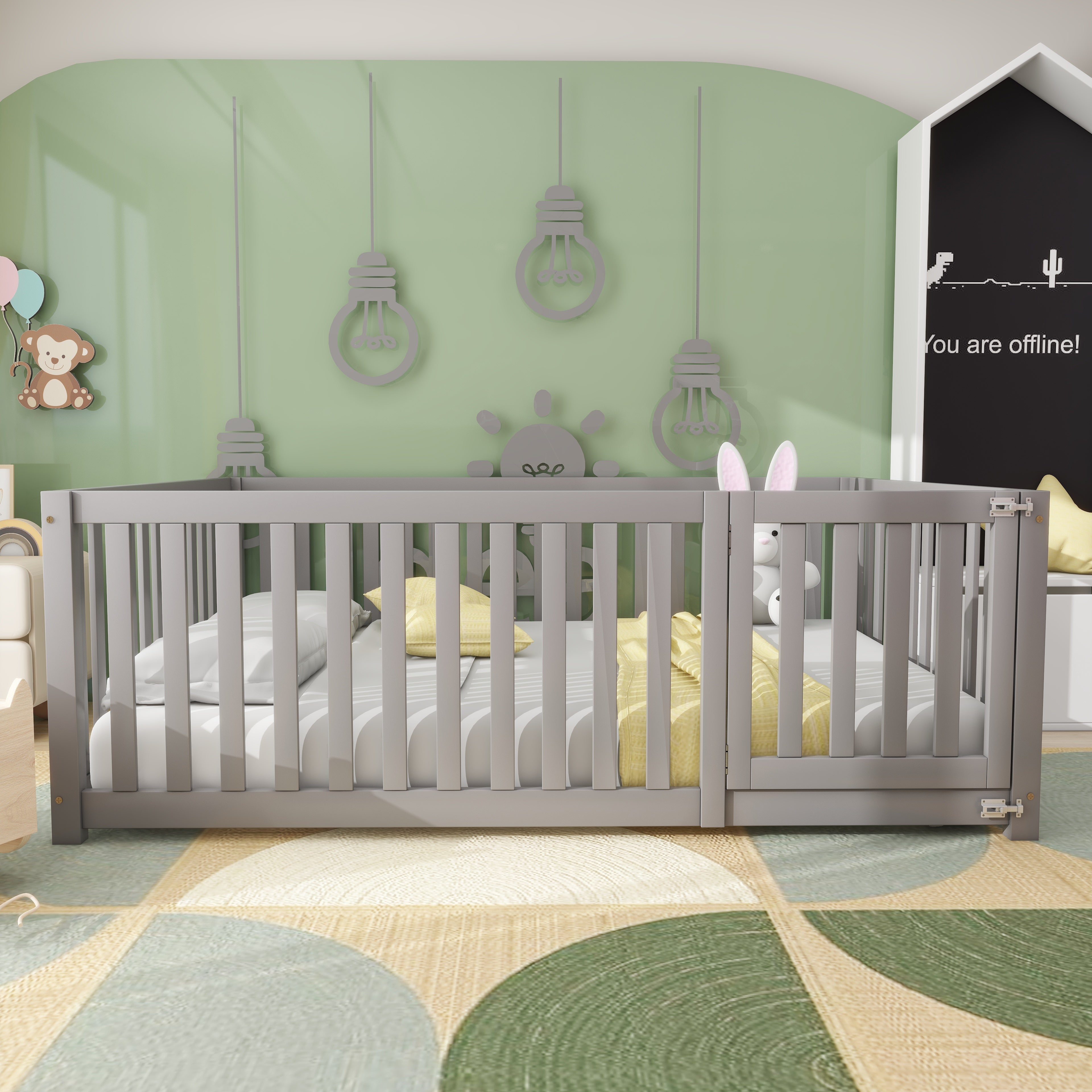 Children's bed 140 x 200, wooden floor bed frame with fence and door, grey