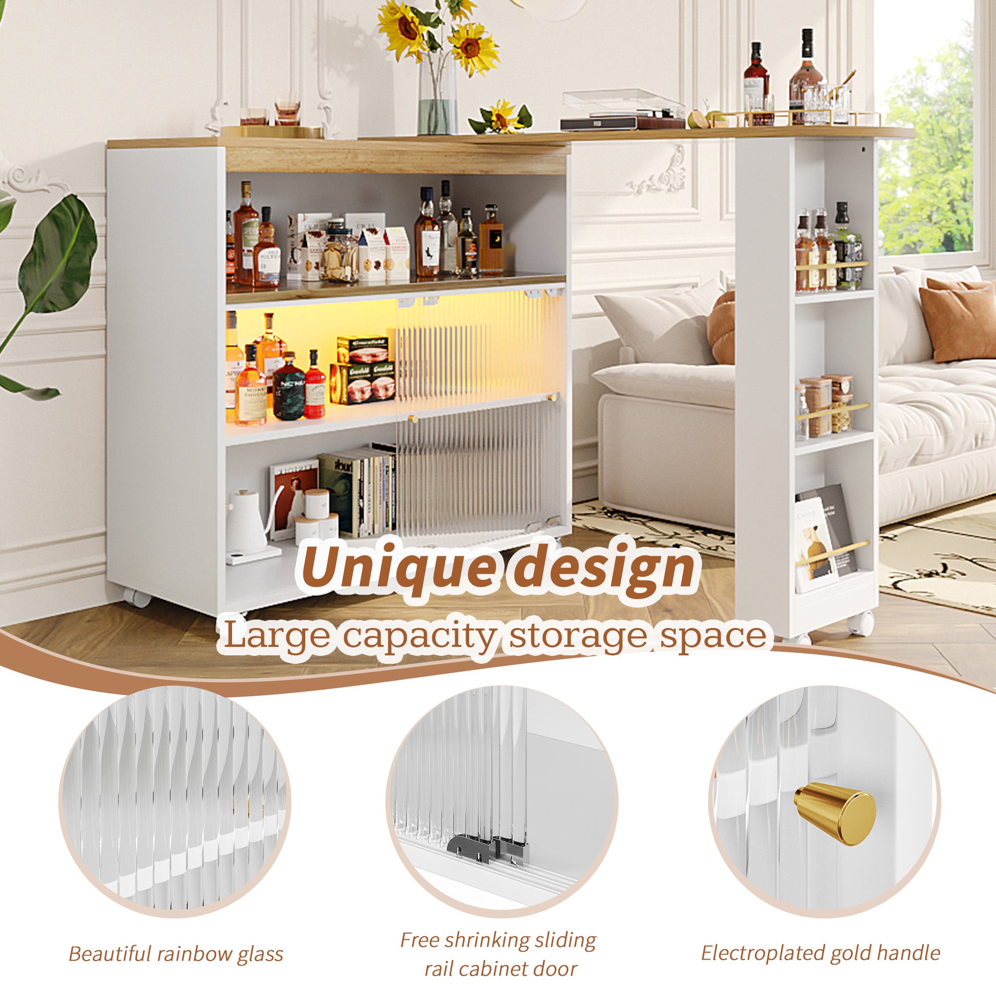 Extendable Bar Table, Movable Telescopic with LED, White