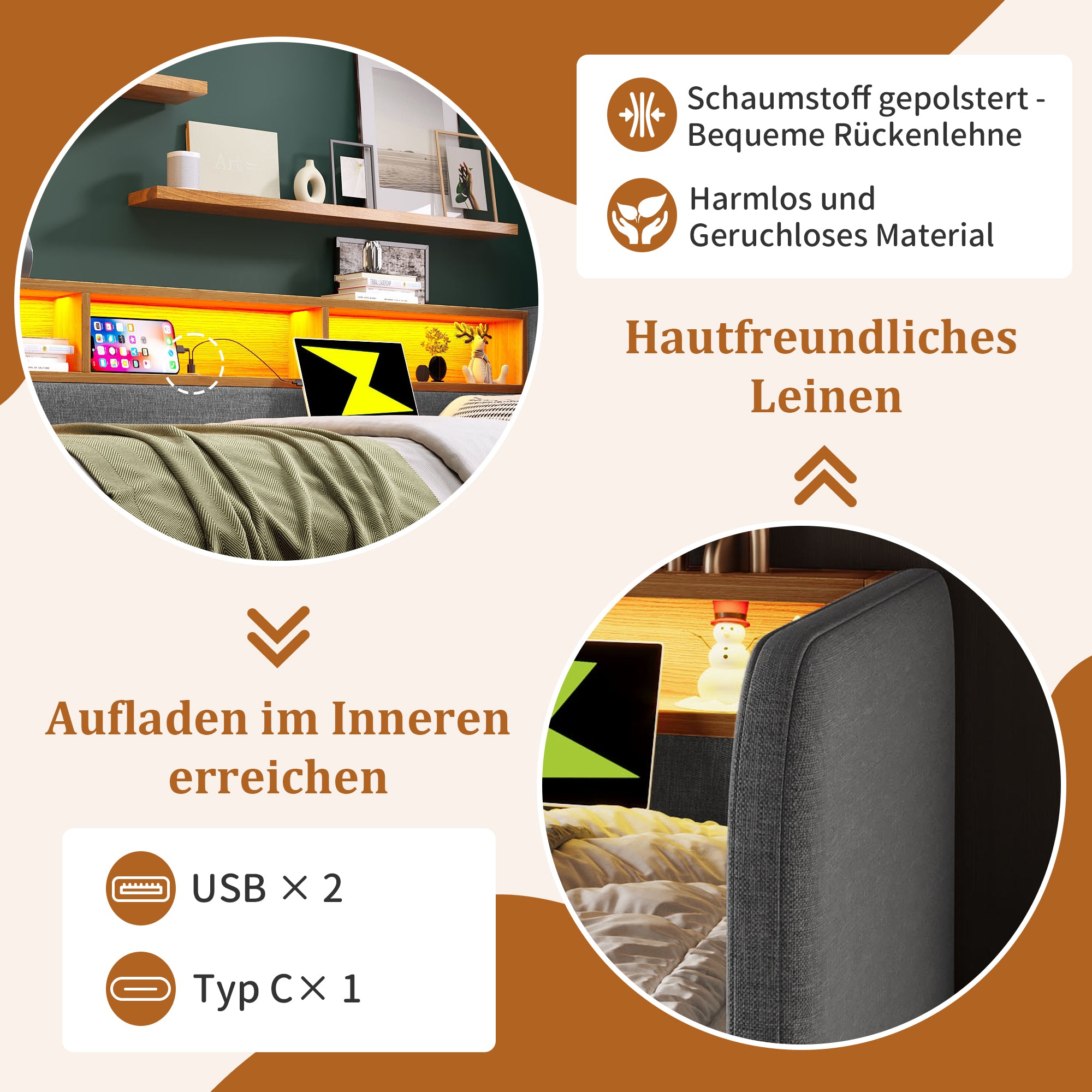 Upholstered Daybed, 140x190cm Sofa Bed with LED, USB-C & Storage, Grey Linen