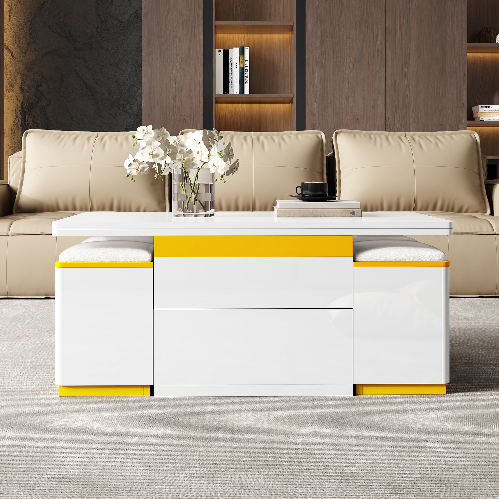 Coffee Table Multifunctional High-Gloss Adjustable Foldable Dining 100x50x43cm - White