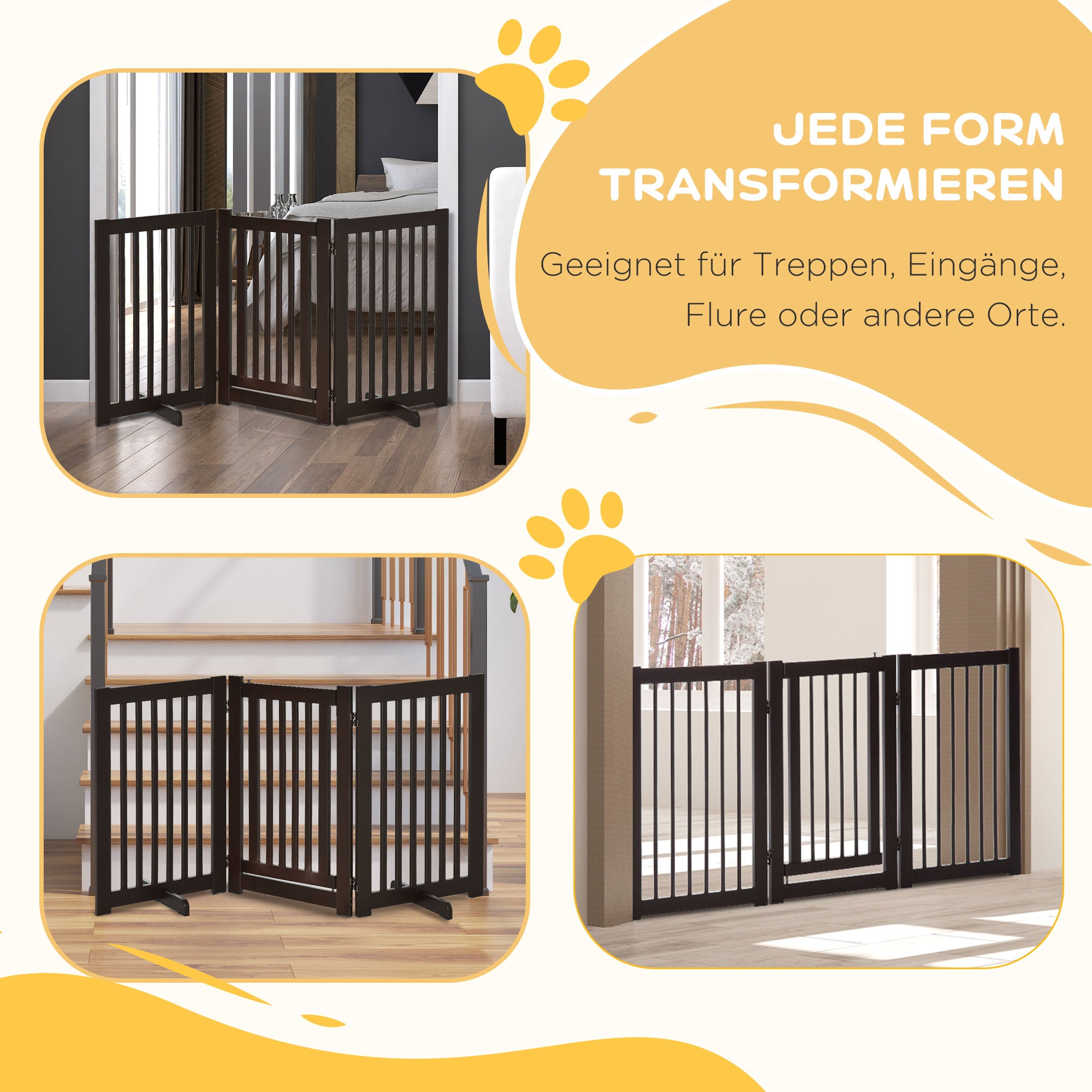 Dog Gate, Freestanding Adjustable Foldable, Dark Brown Wood