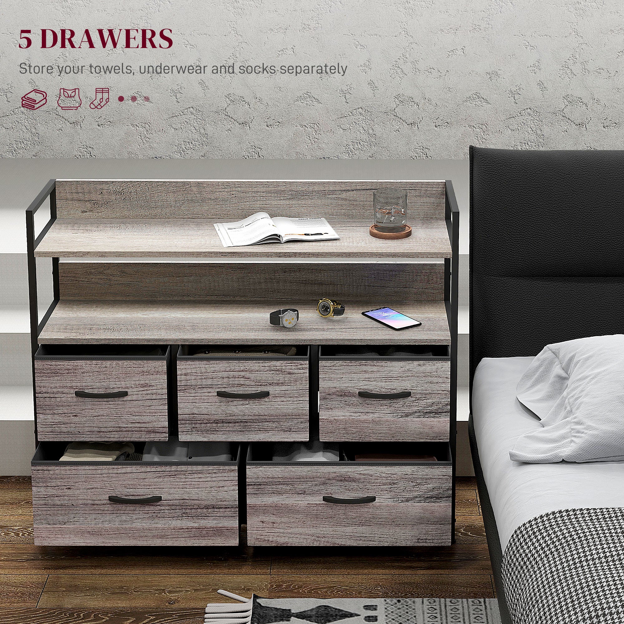 Rustic Chest, Five Fabric Drawers, Grey Wood Effect