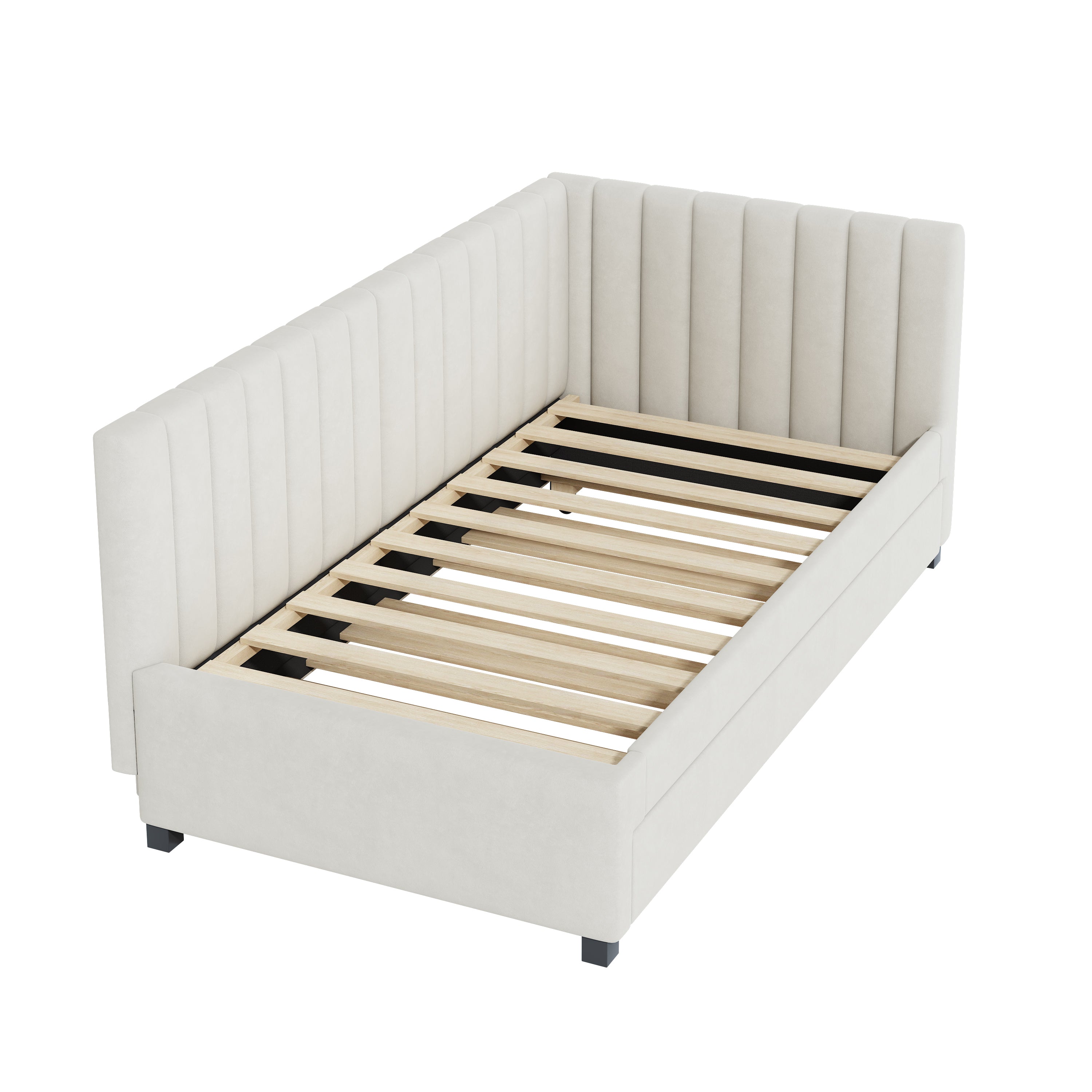 Upholstered Bed 90*200, Pull-Out Sofa Bed, Multifunctional with Slatted Frame, Velvet Fabric Beige