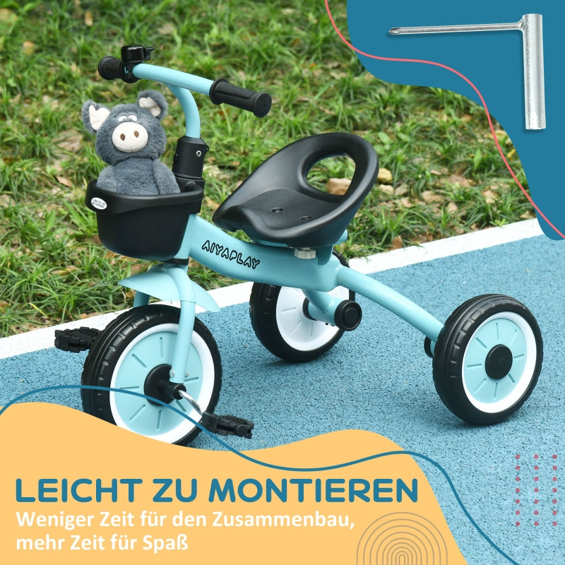 Tricycle for Children with Adjustable Seat and Basket, Blue Metal