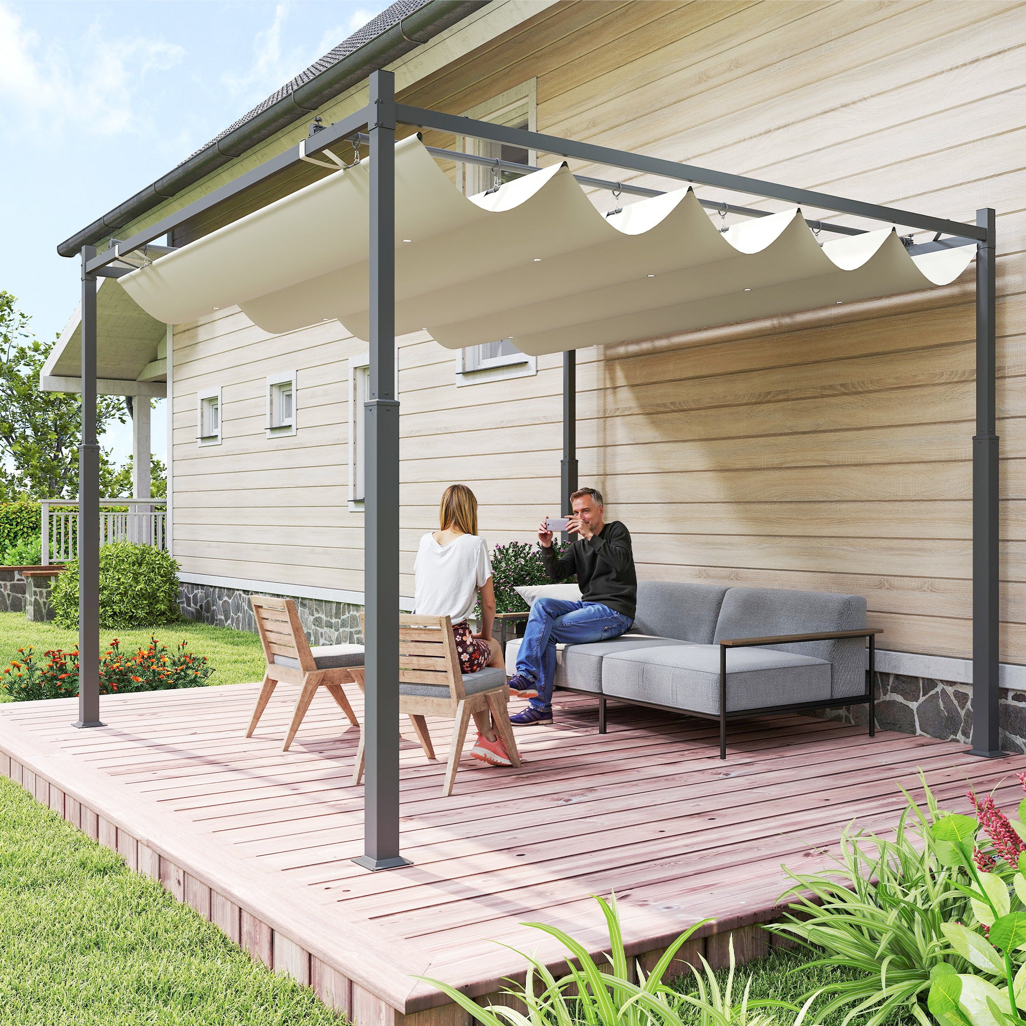 Metal Pergola with Retractable Roof, UPF30+, 80mm Column, Cream White
