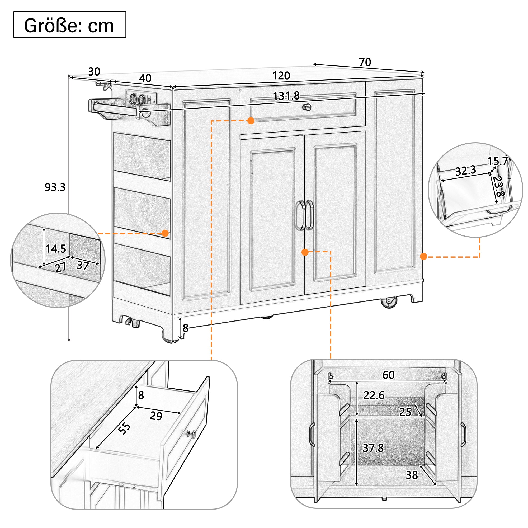 Mobile Kitchen Island Extendable Dining Storage Drawers Waste Bin - White
