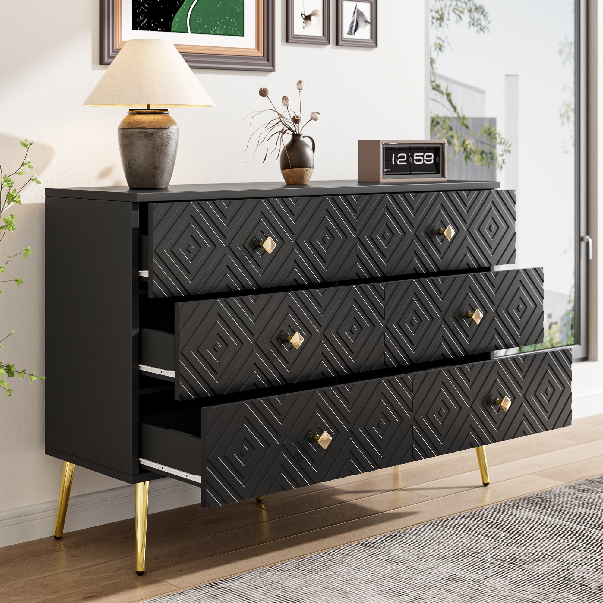 Modern 6-Drawer Chest, 120x40x80cm, Black with Gold Metal