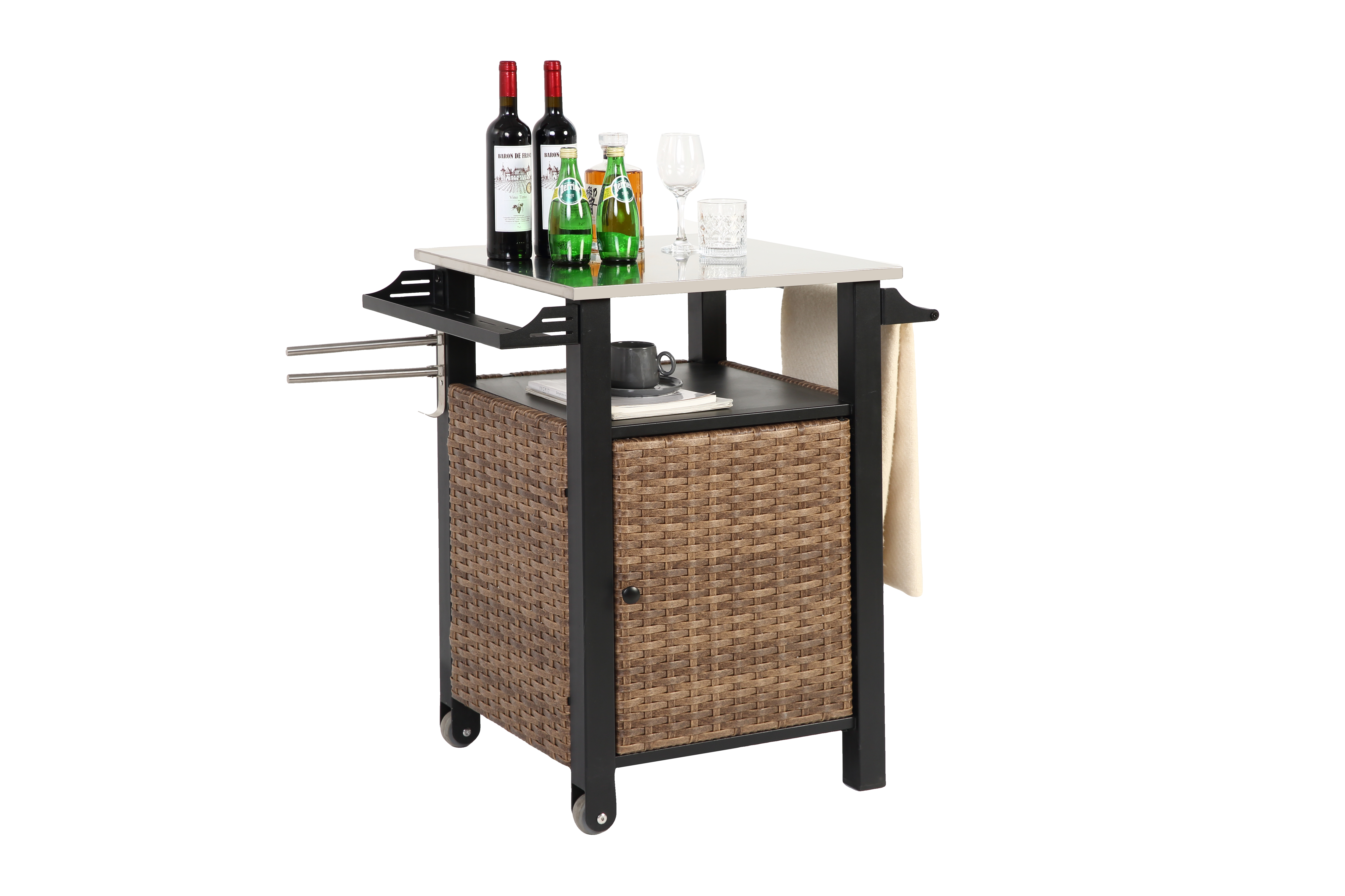 Bar Cart, Outdoor Kitchen Wicker Island Rolling with Stainless Steel Top, Brown