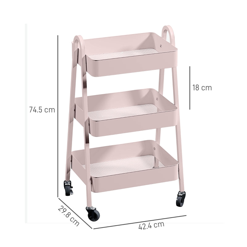 Three-Tier Storage Trolley, Metal Frame Mesh Shelves, Pink