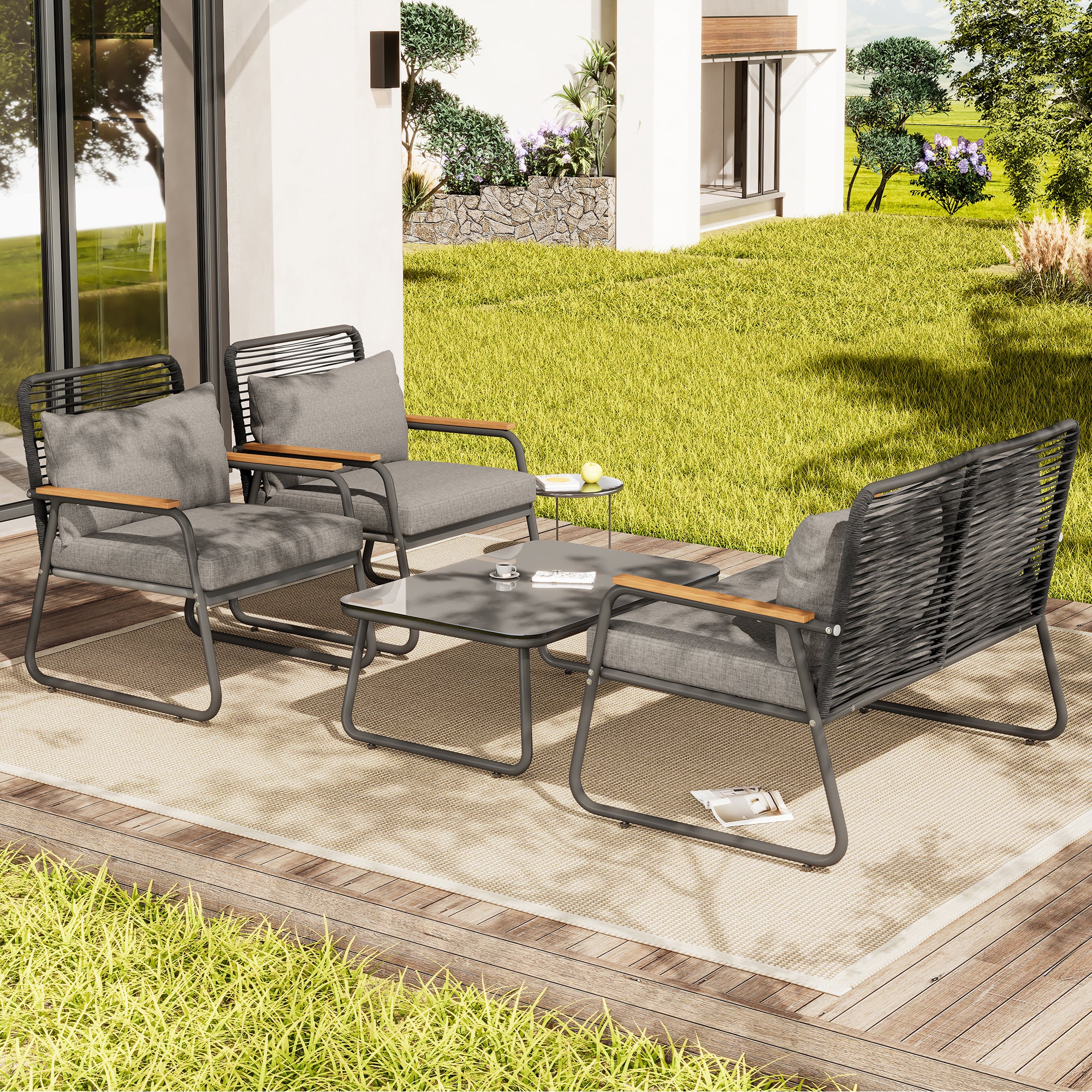 Garden Lounge Set 4-Seater Galvanized Iron Frame Tempered Glass - Grey