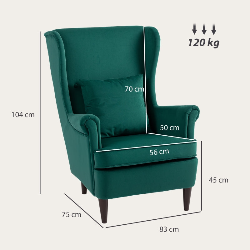 Modern Accent Chair, High Back Wingback Armchair with Pillow, Dark Green Velvet-Feel Fabric