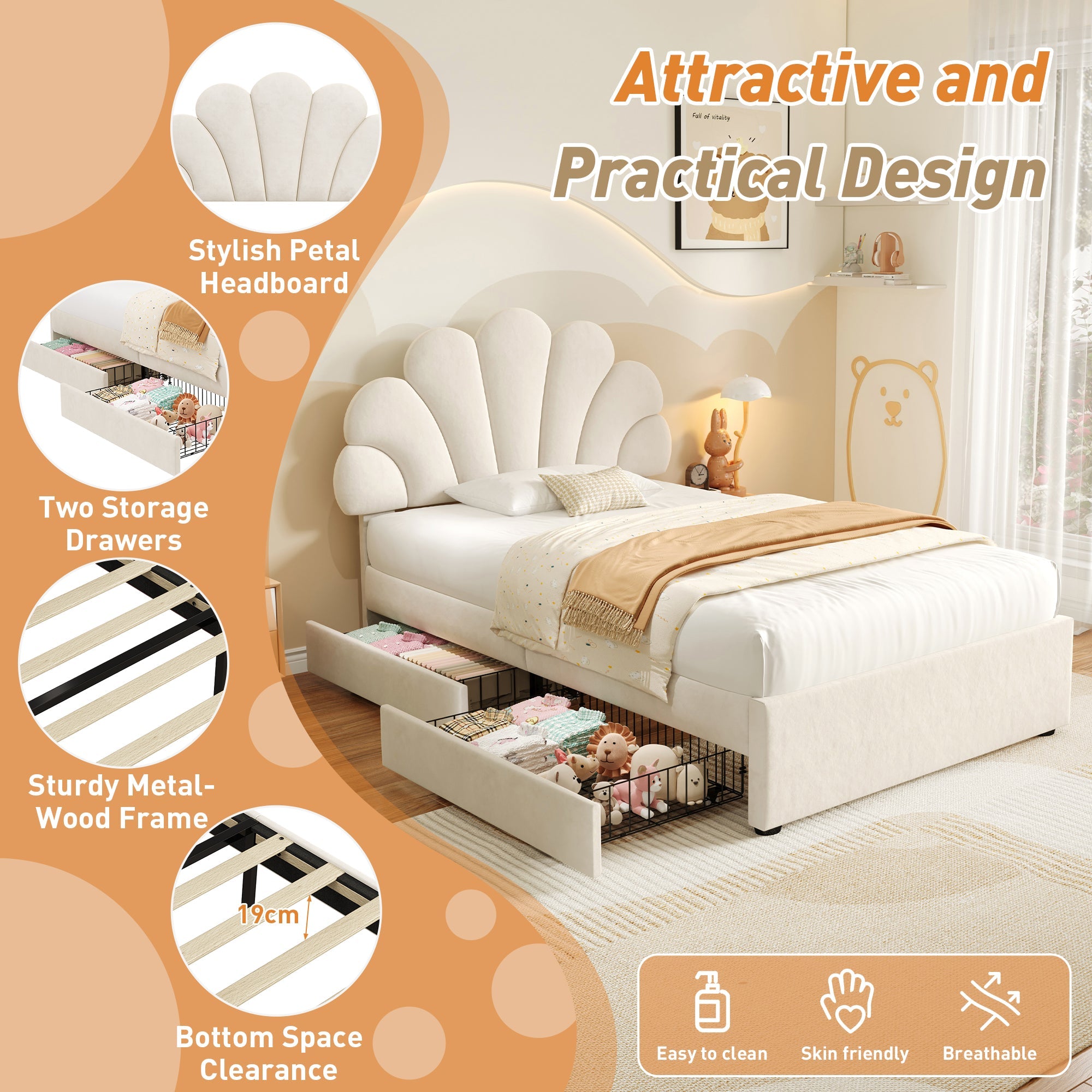 3ft Single Upholstered Bed with Adjustable Chic Petal Headboard and 2 Storage Drawers, Beige Velvet