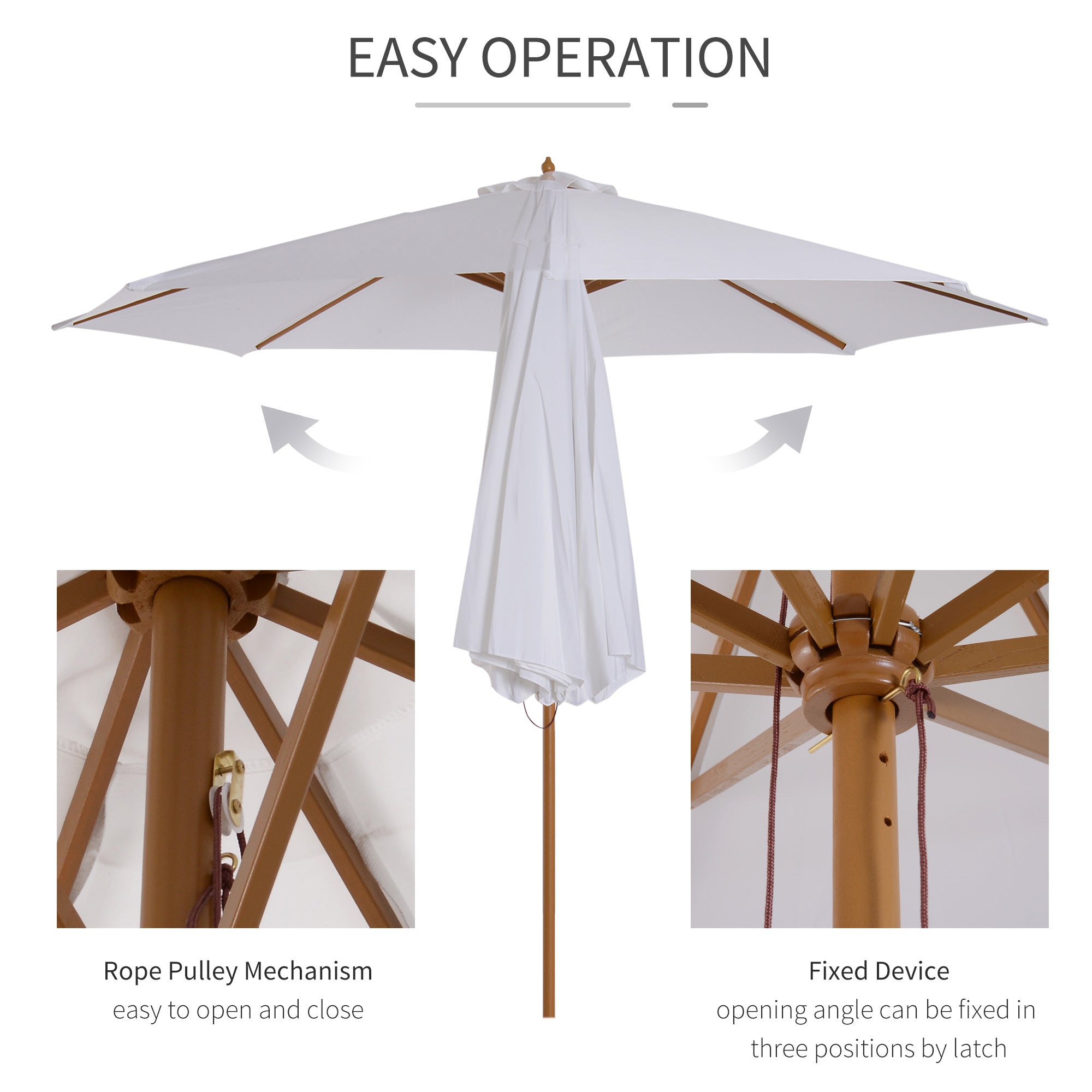 3m Garden Parasol Pulley Operated Market Umbrella Wooden Cream White