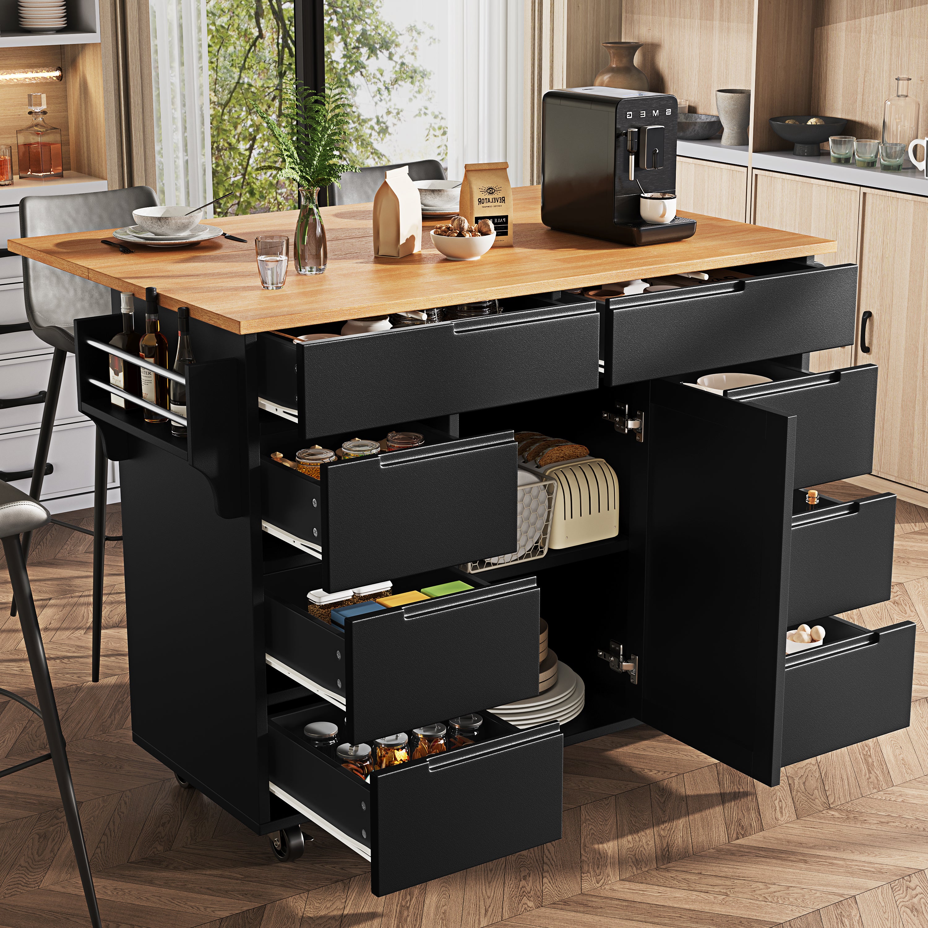 Kitchen Island Extendable Mobile Worktop 8 Drawers Spice Rack - Black