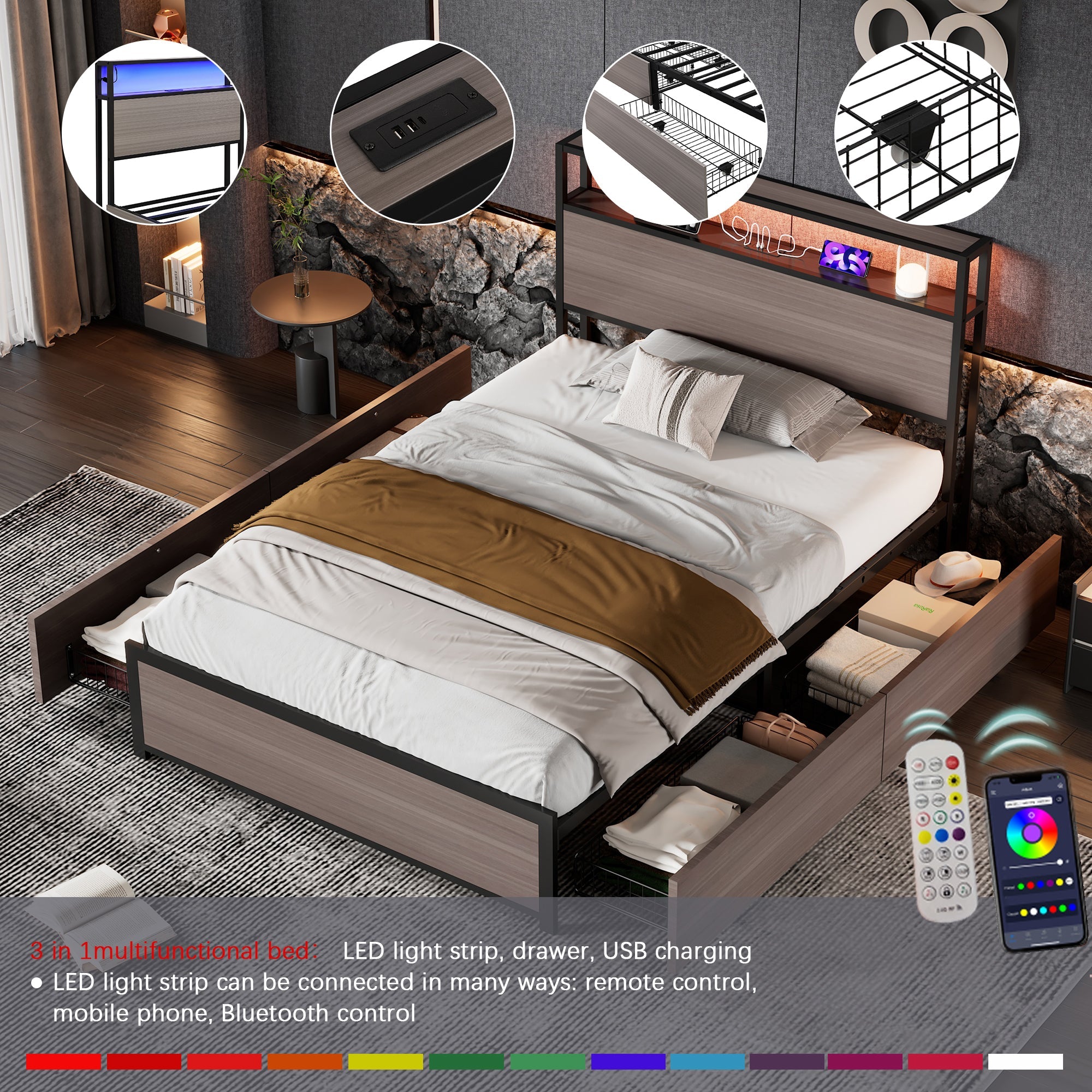 Metal Bed 3FT Single with LED Light Strip, 4 Drawers, USB & Type C, Grey Wrought Iron
