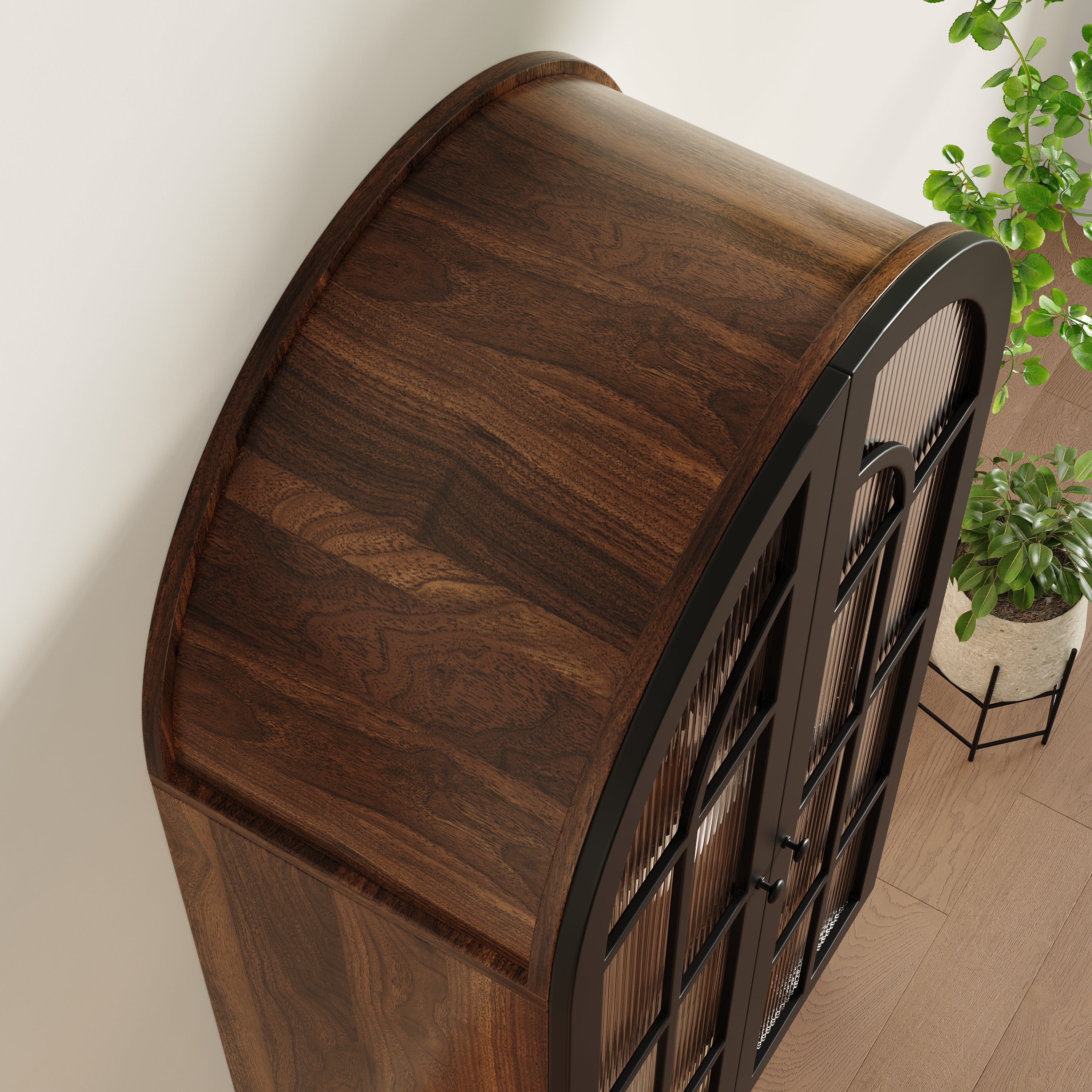Tall Arched Storage Cabinet with Glass Doors and Wood Grain Finish
