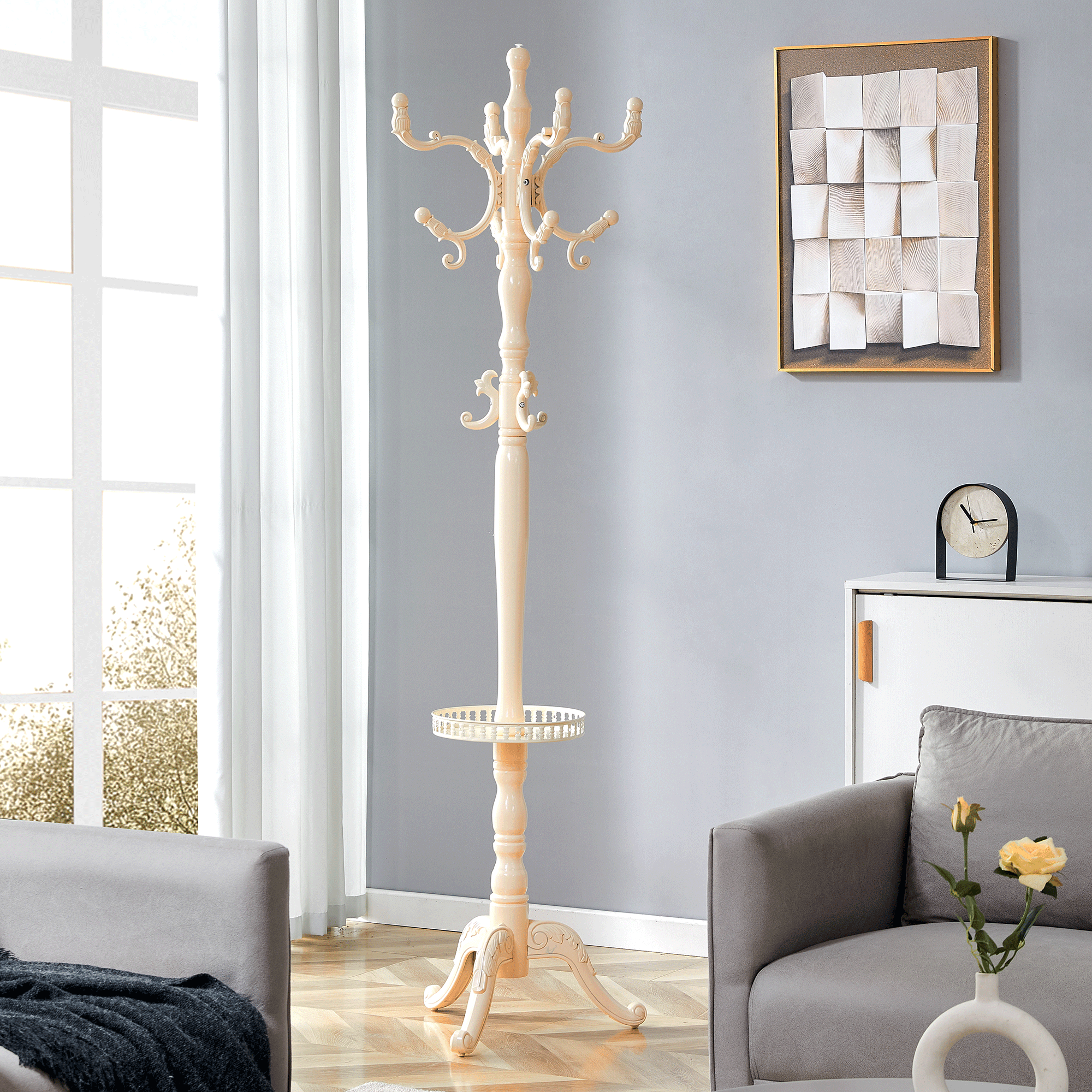 Clothes Rack European Solid Wood Multiple Hooks - Creamy White
