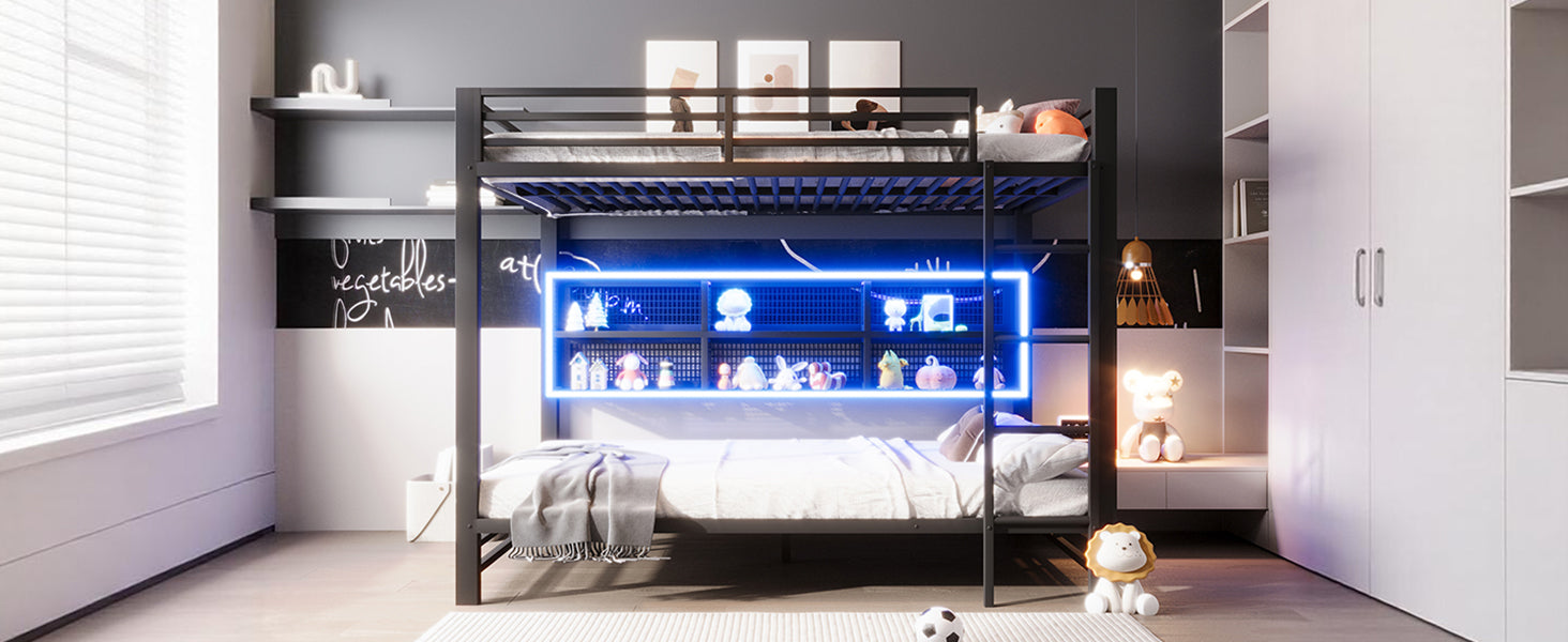Bunk Bed 140x200 with Storage Cabinets LED Light Black