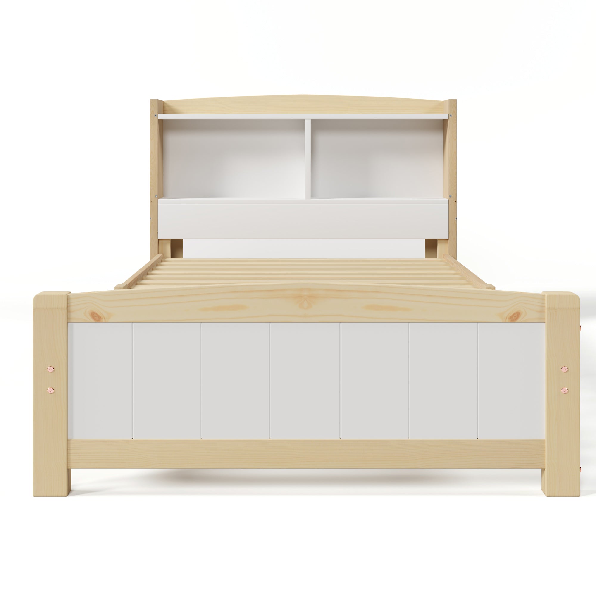 Wooden bed frame with white panels on a white background