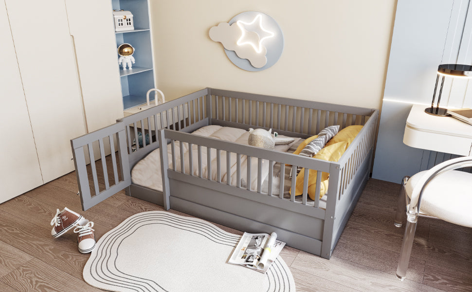 Children's Bed 140 x 200 cm, Wooden Frame with Bars & Door, Grey