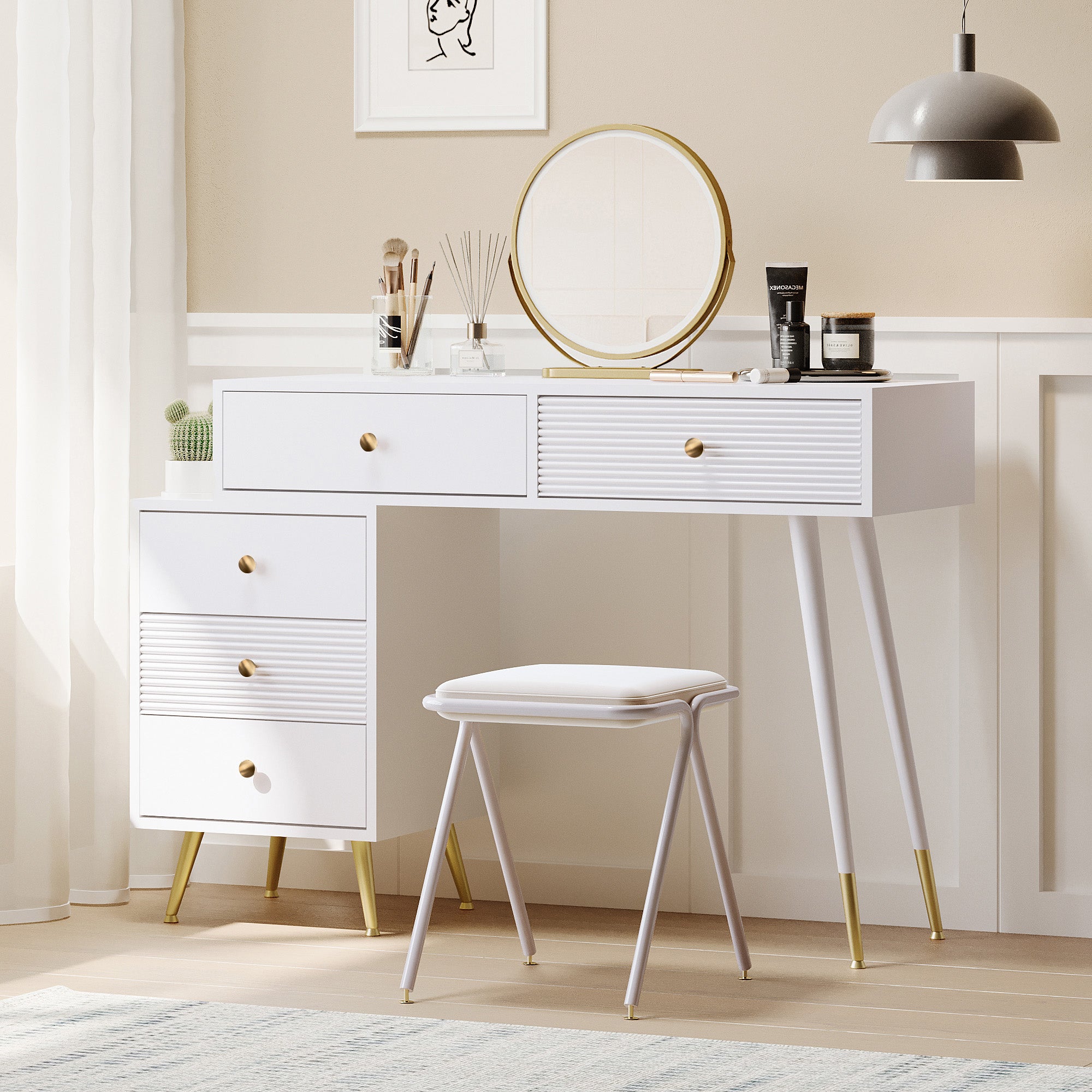 Vanity Table Set LED Mirror Adjustable Side Cabinet Pull-out Design