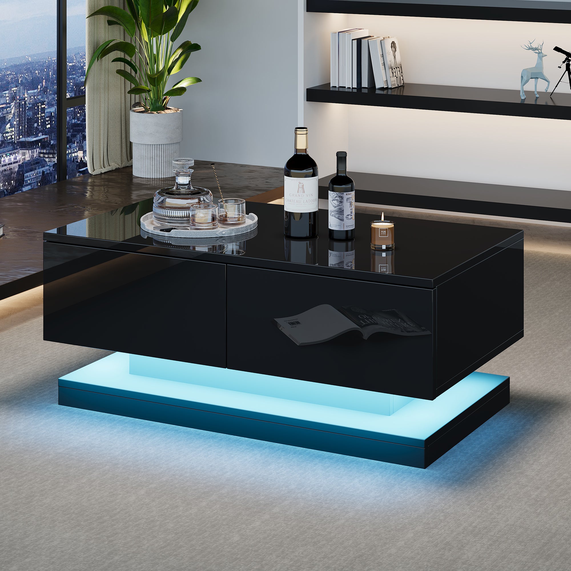 Coffee Table, High-Gloss with 2 Drawers & LED Lighting, Black