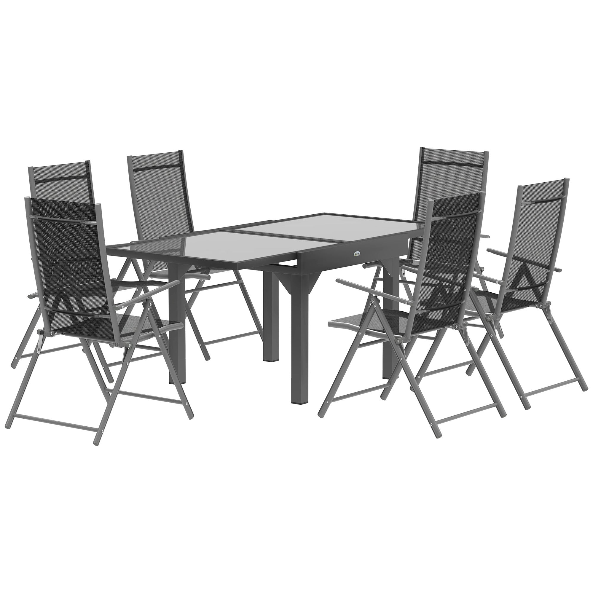 7 Piece Outdoor Dining Set with Extendable Table and 6 Folding Chairs, Grey Steel